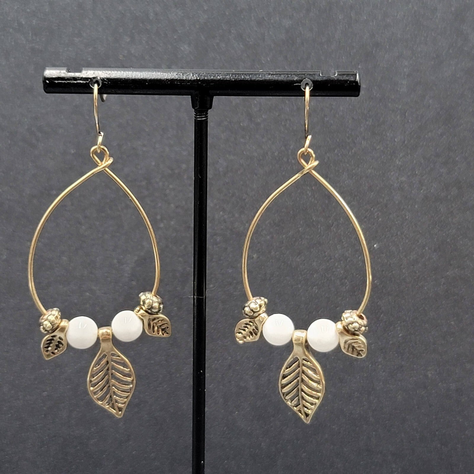 Pierced Earrings Gold tone White Bead Dangle Leaf Hoops 2.25"