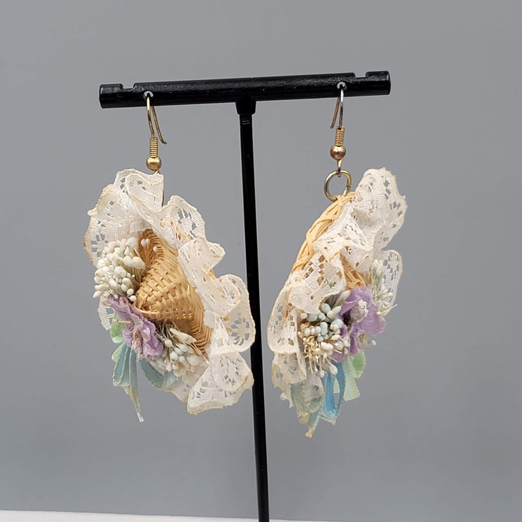 Vintage Wicker Bonnet Pierced Earrings Dangle 1980s 2"