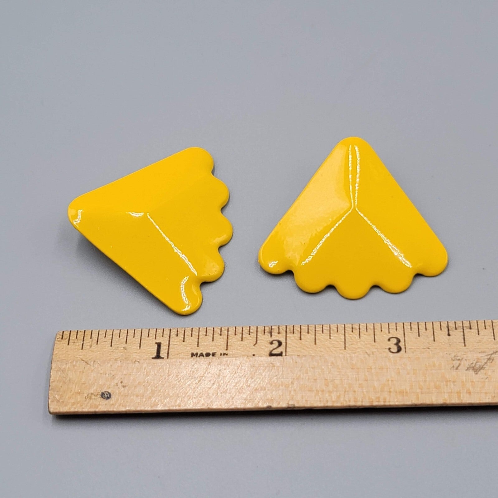 Vintage Pierced Earrings Yellow Enamel Triangle Drop Statement 80s 1.5"