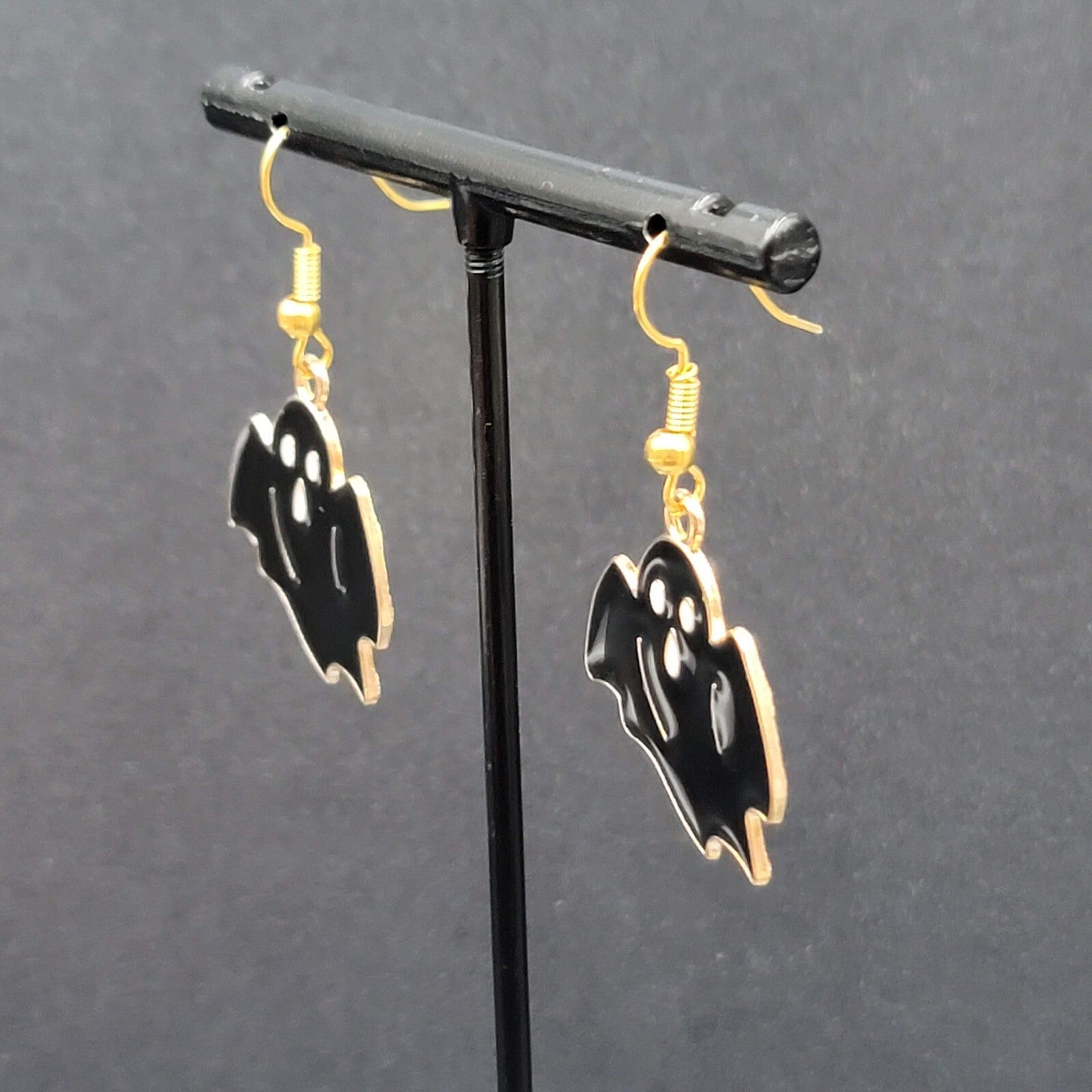 New Black Ghost Halloween Pierced Earrings Gold tone Enamel Dangle 1"