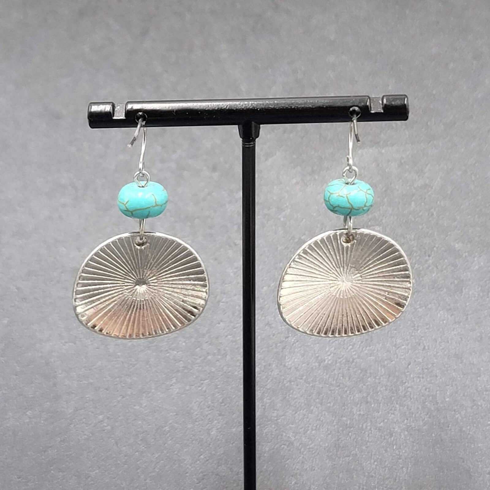 Pierced Earrings Hammered Silver tone Blue Howlite Stone Dangle  1.25"