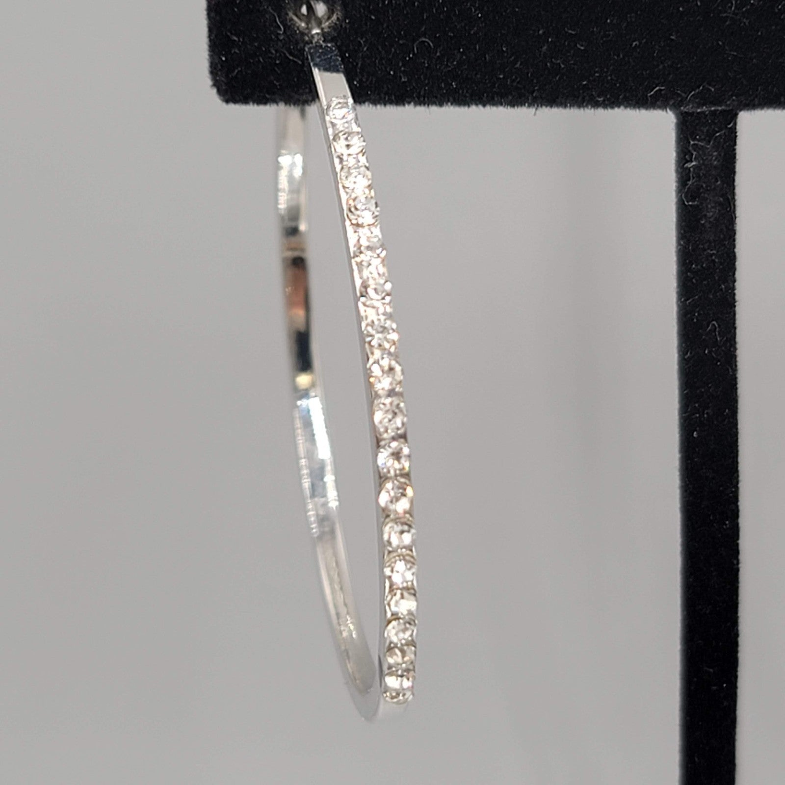 Rhinestone Hoop Pierced Earrings Silver toen Large 1 7/8"