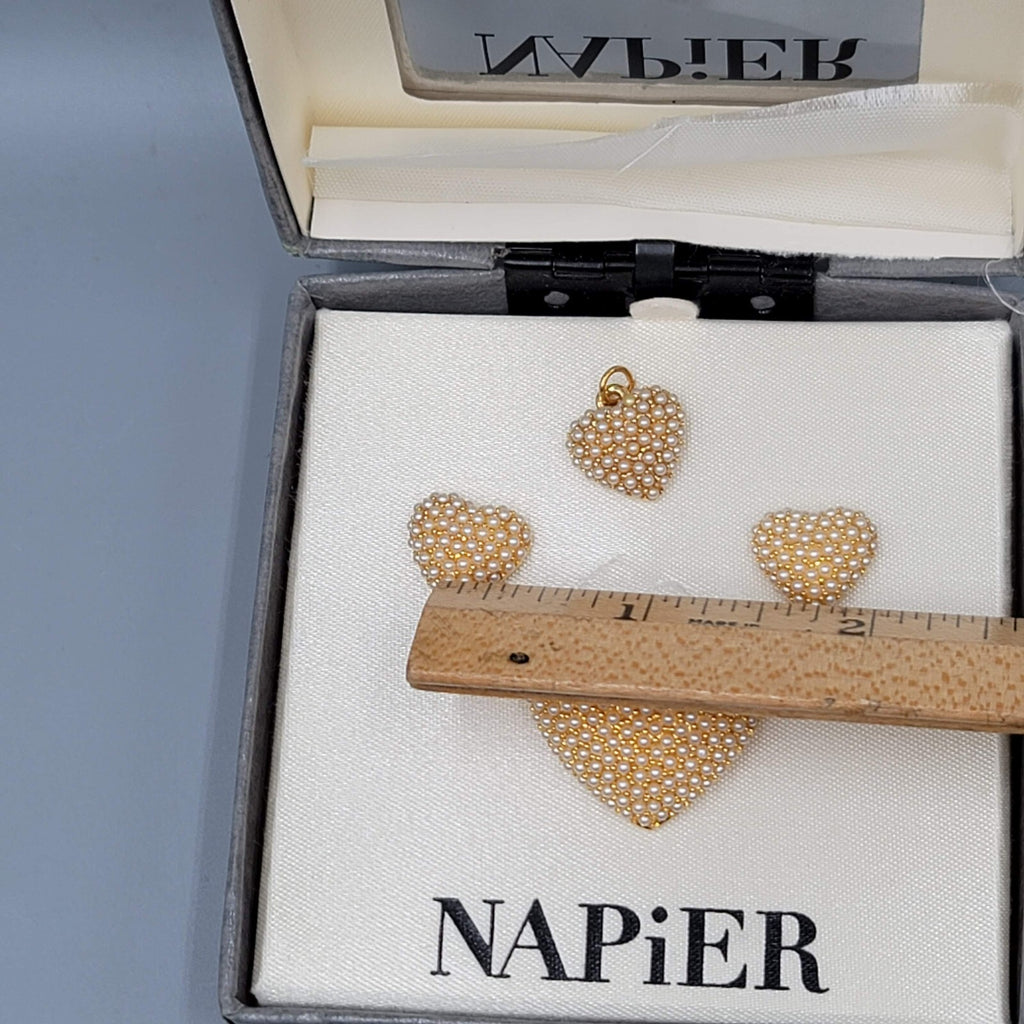 Napier Faux Pearl Cluster Heart Brooch Pierced Earrings Set Matching Pendant