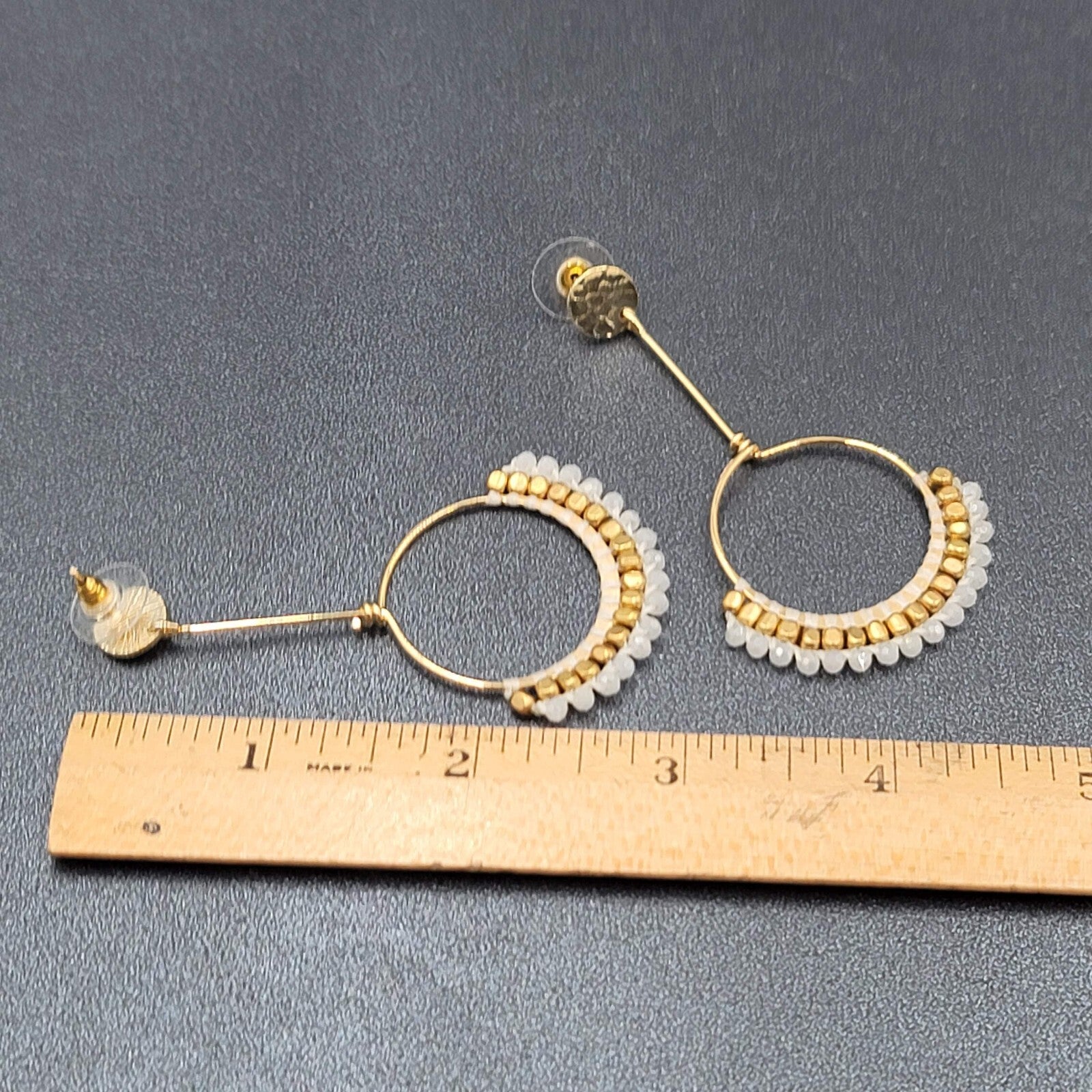 Quartz Stone Bead Pierced Earrings Long Gold tone Dangle 3"
