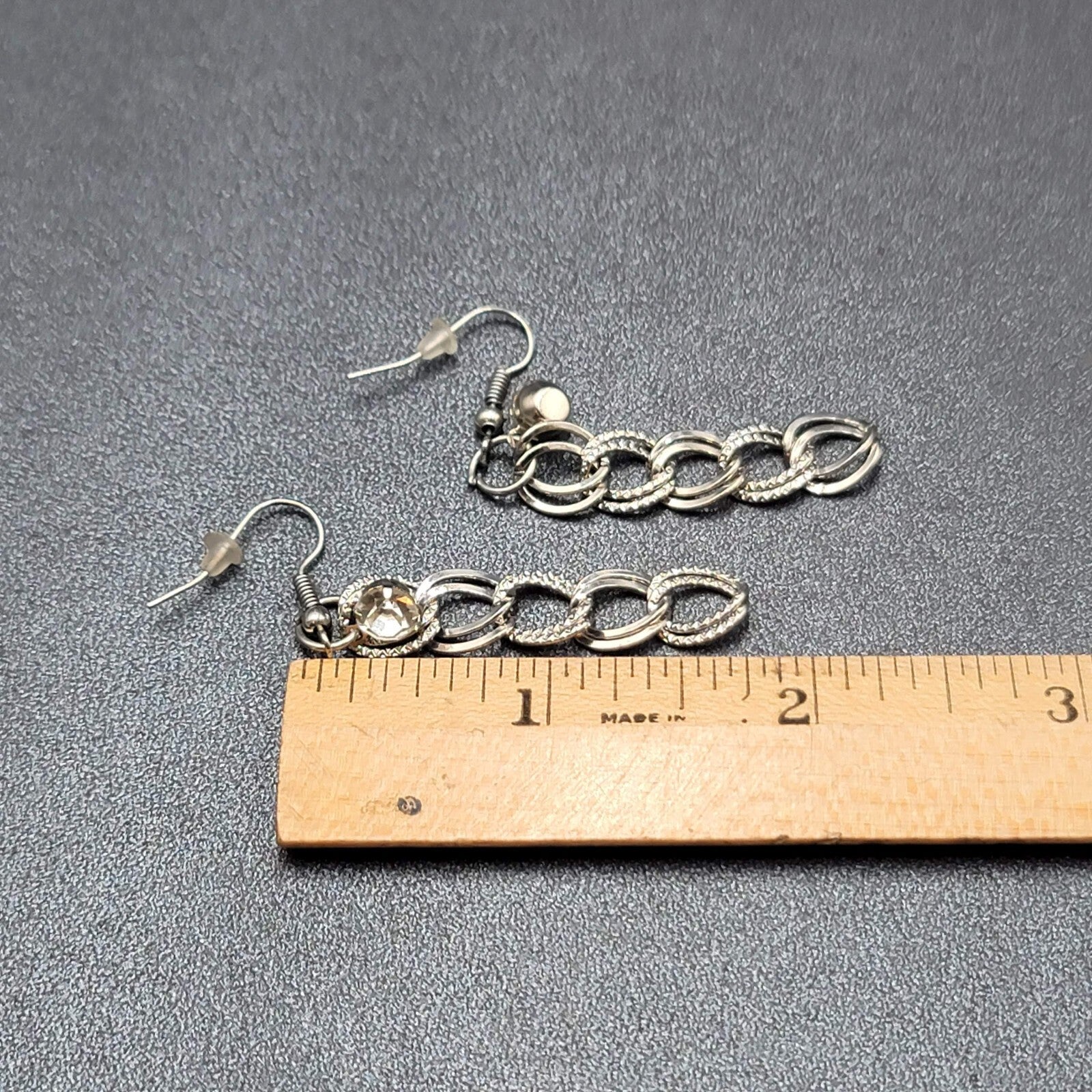 Pierced Earrings Hammered Dangle Chains Rhinestone 1.75"
