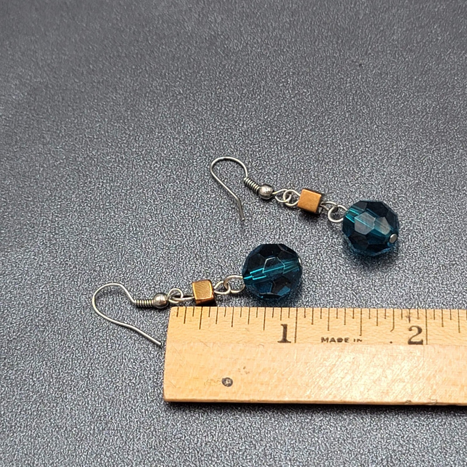 Pierced Earrings 1" Silver tone Blue Bead Copper Square Dangle 1"