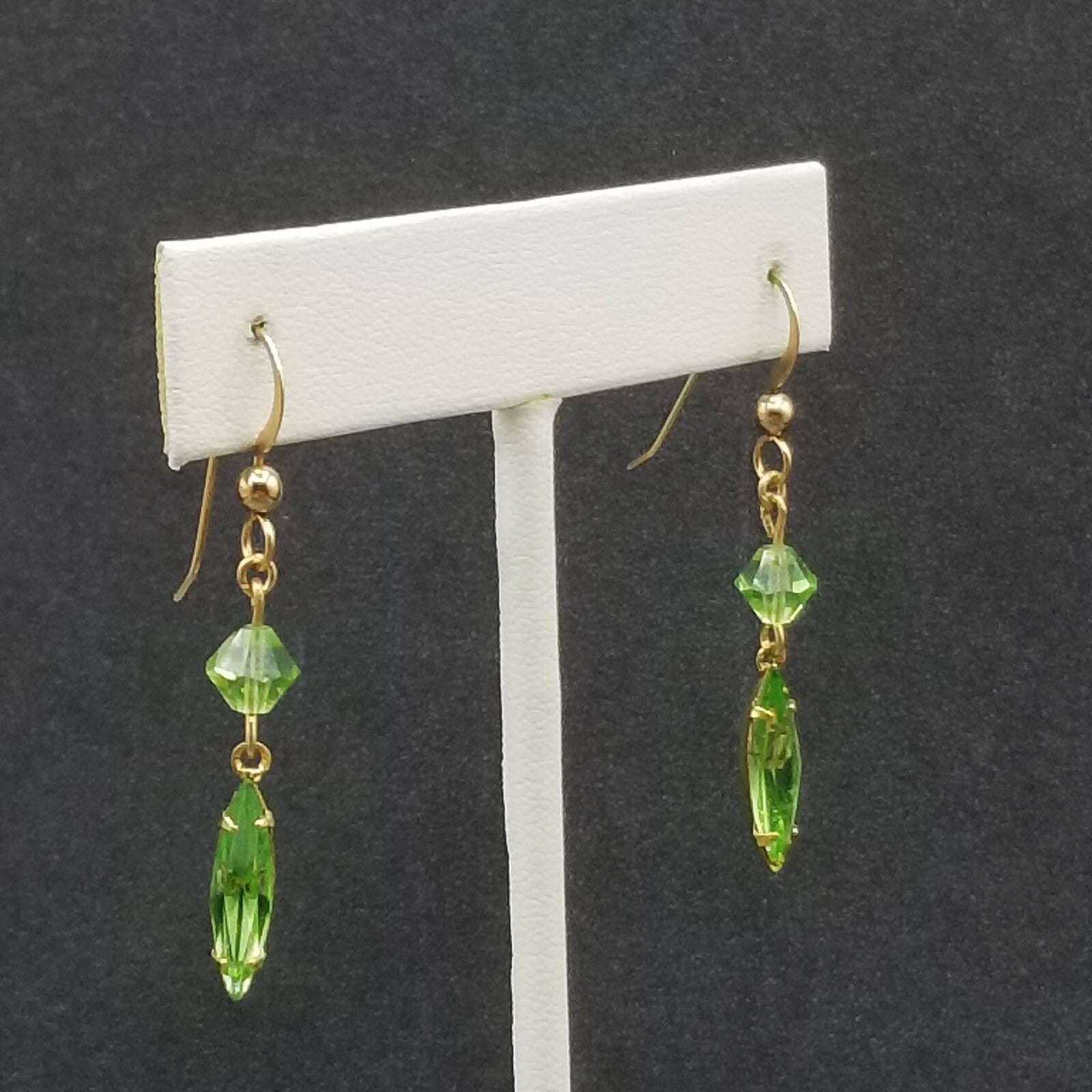 Pierced Earring Gold tone Green Crystal Faceted Bead Statement Dangle 1 1/8"