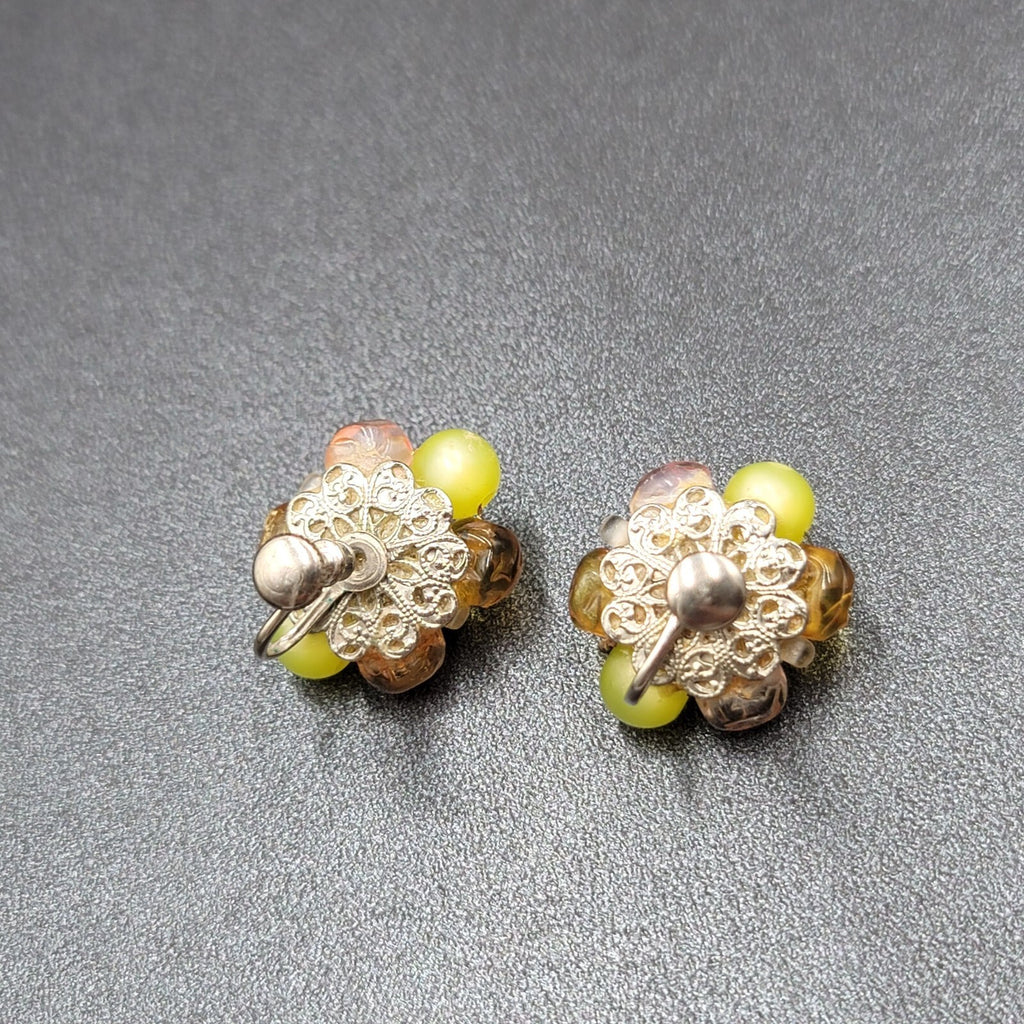 Vintage Clip on Earrings Yellow Green Pink Acrylic Cluster Bead Studs 1"