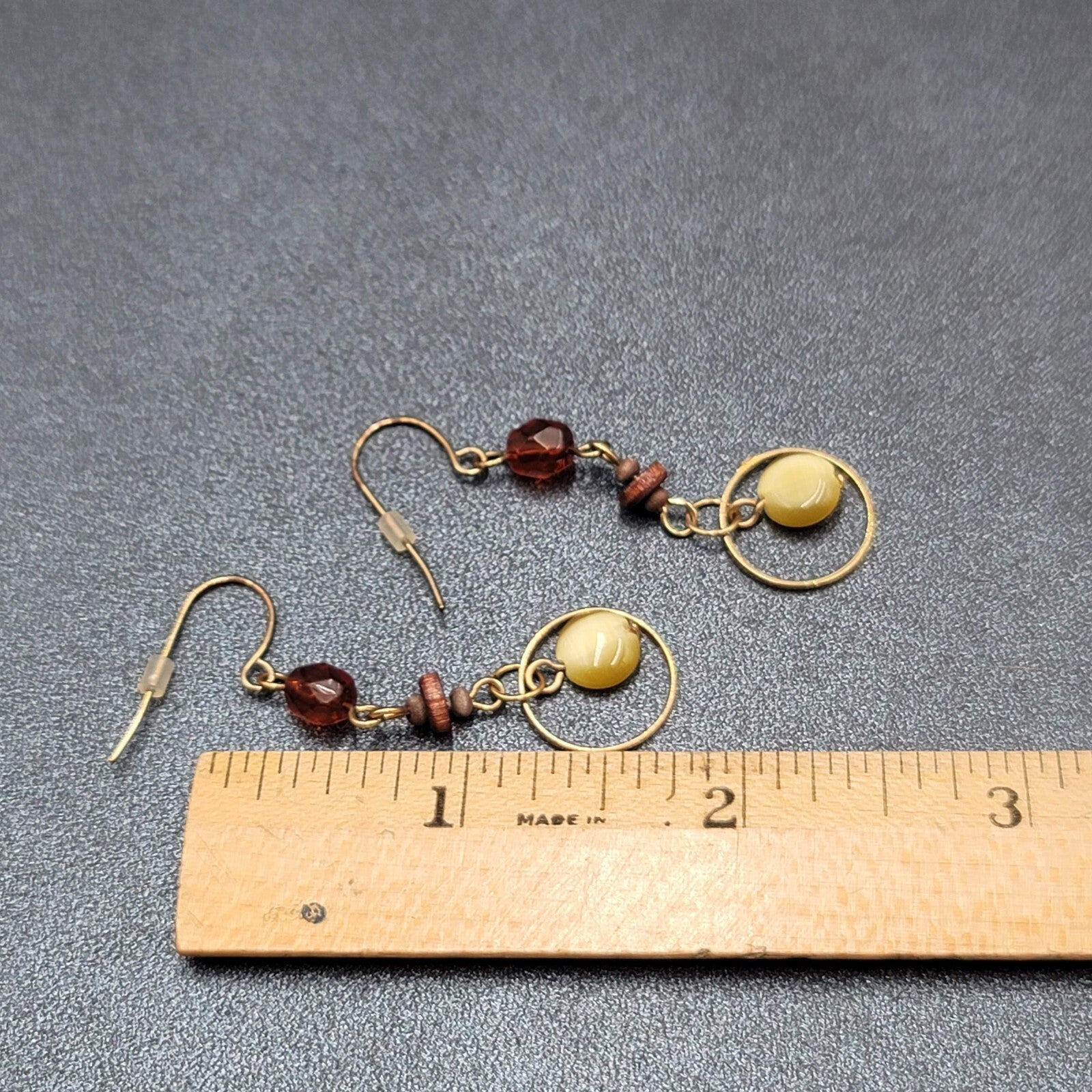 Pierced Earrings Gold tone Beaded Wood Dangle 1.75"