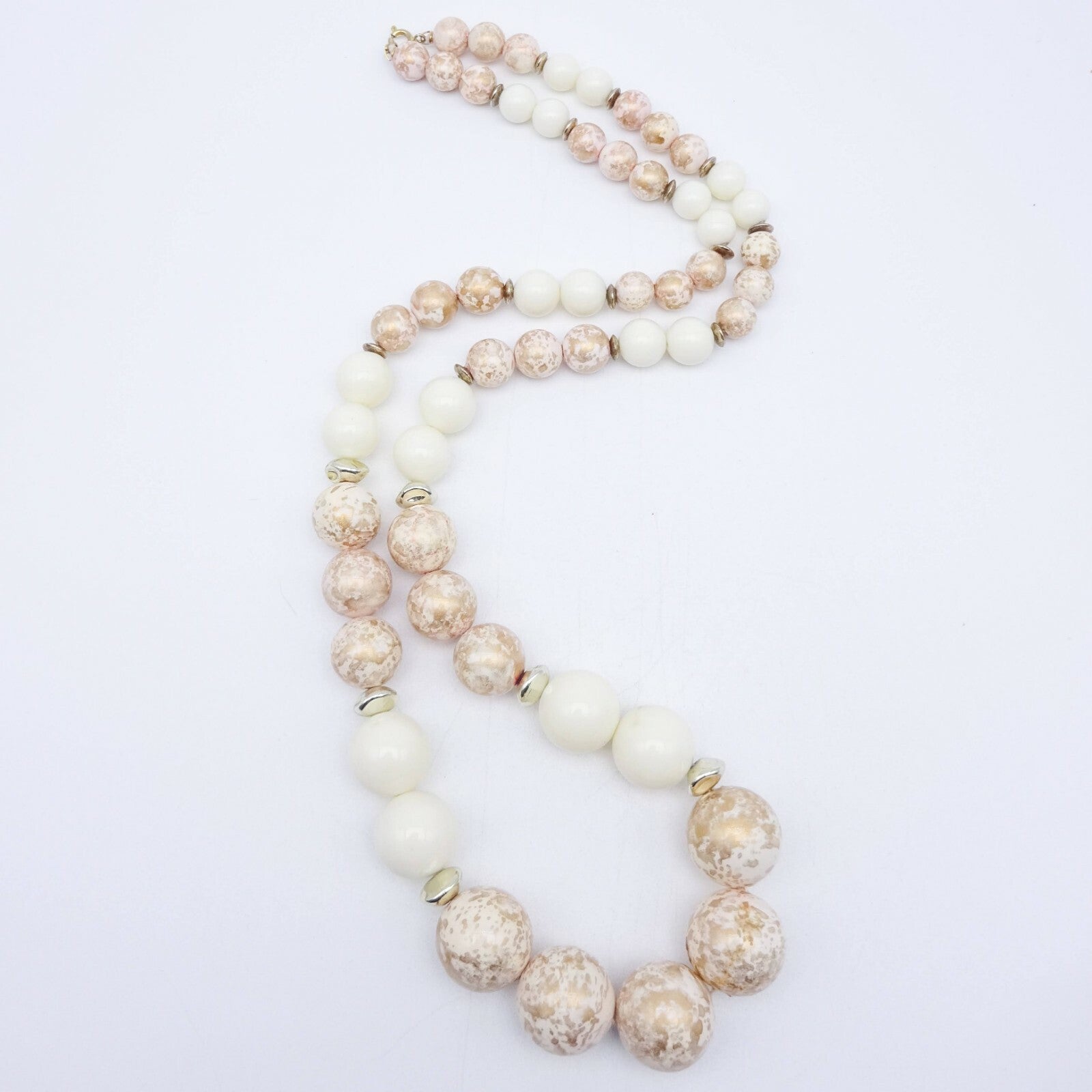 Vintage Mid Century White and Gold Graduated Bead Necklace 30 in