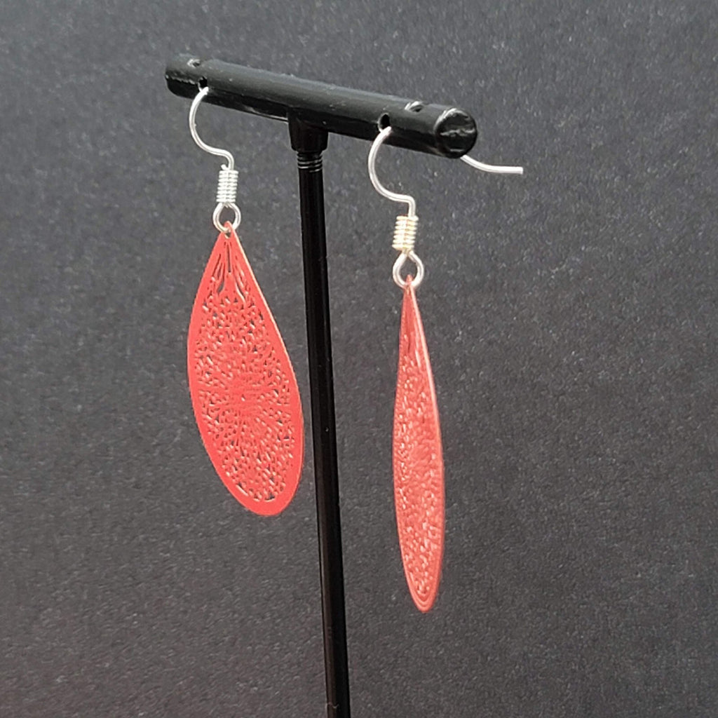 Pierced Earrings Silver tone Red Enamel Open Work Laser cut Teardrop 1 3/8"