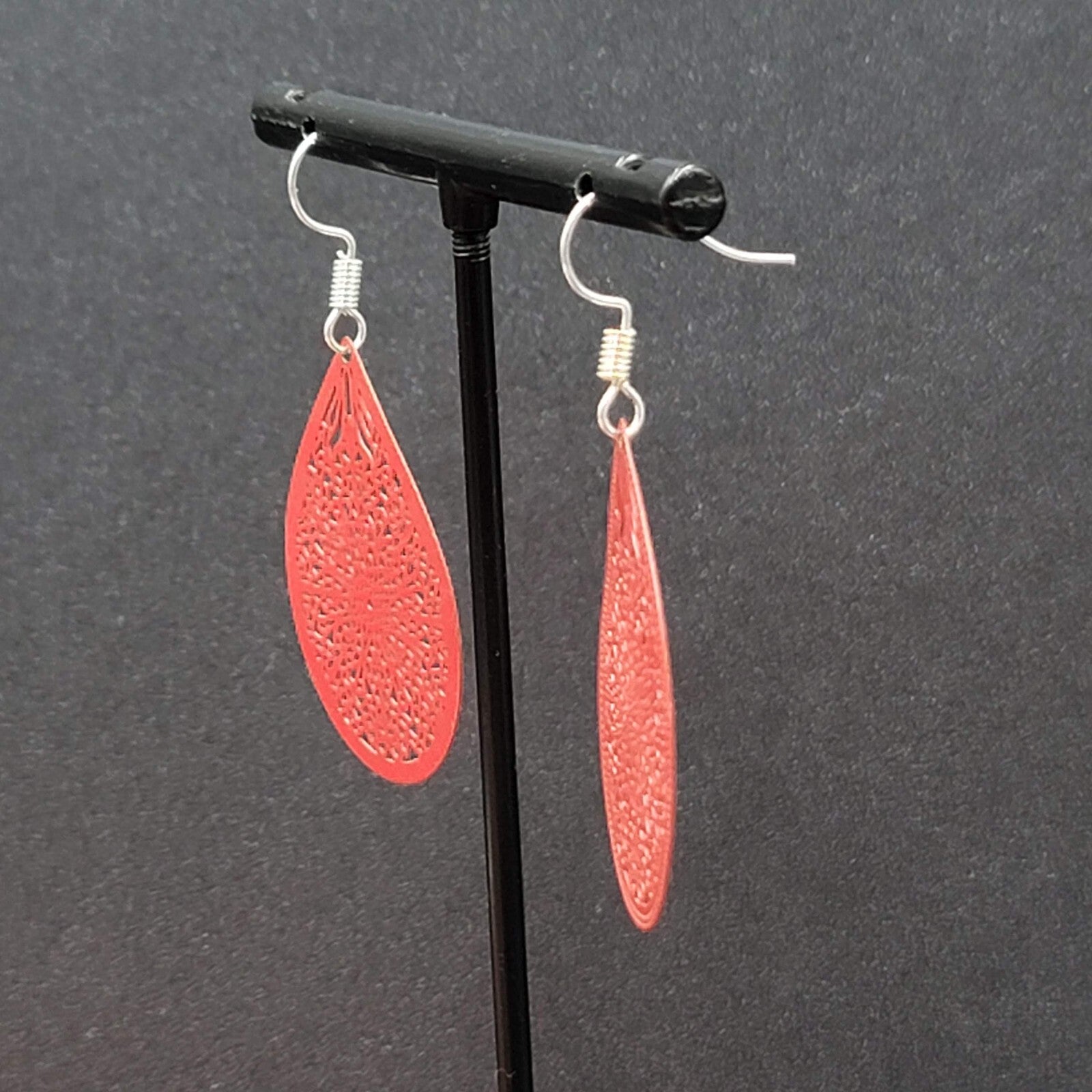 Pierced Earrings Silver tone Red Enamel Open Work Laser cut Teardrop 1 3/8"