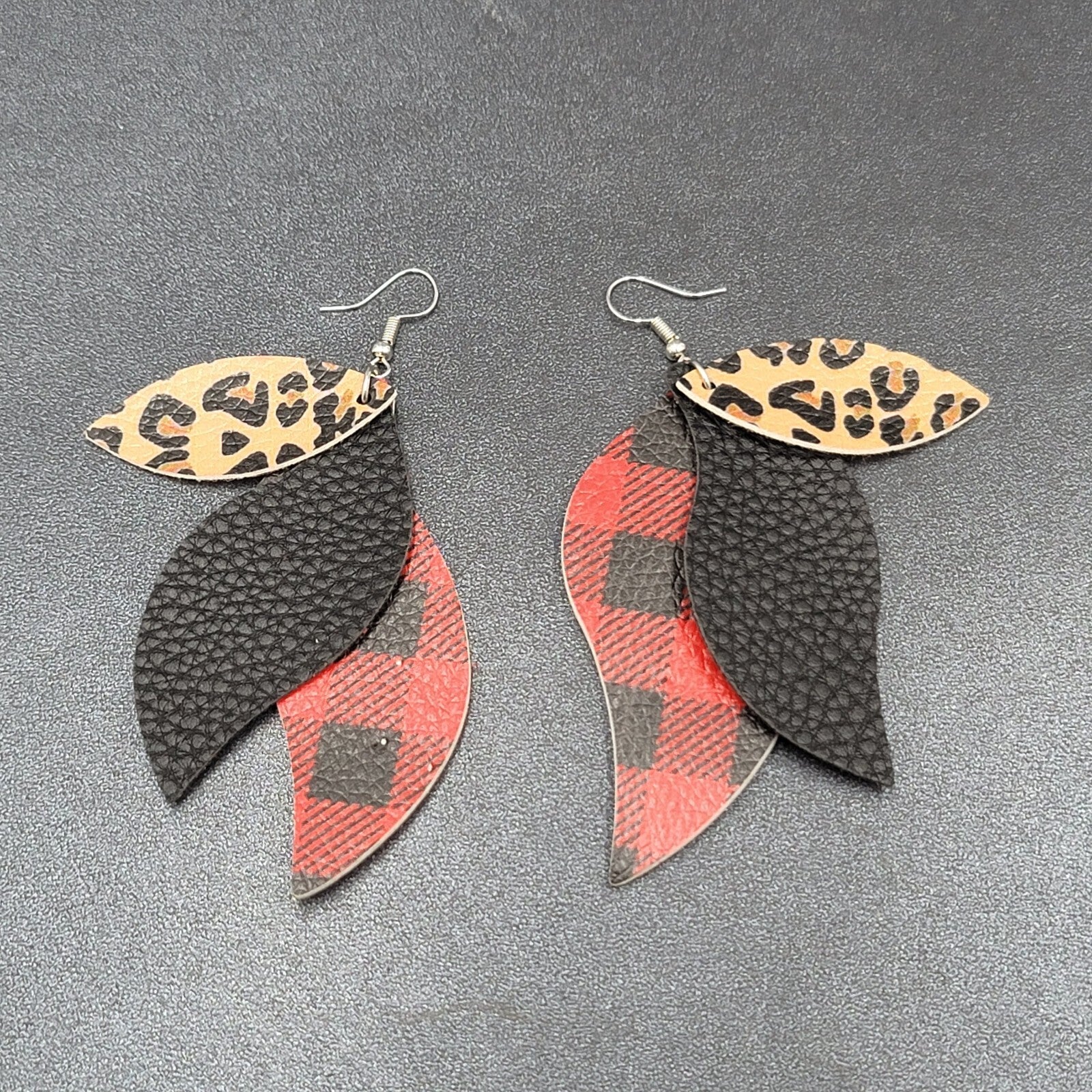Pierced Earrings Faux Leather Leopard Print Red Plaid Silver tone Dangle 3"