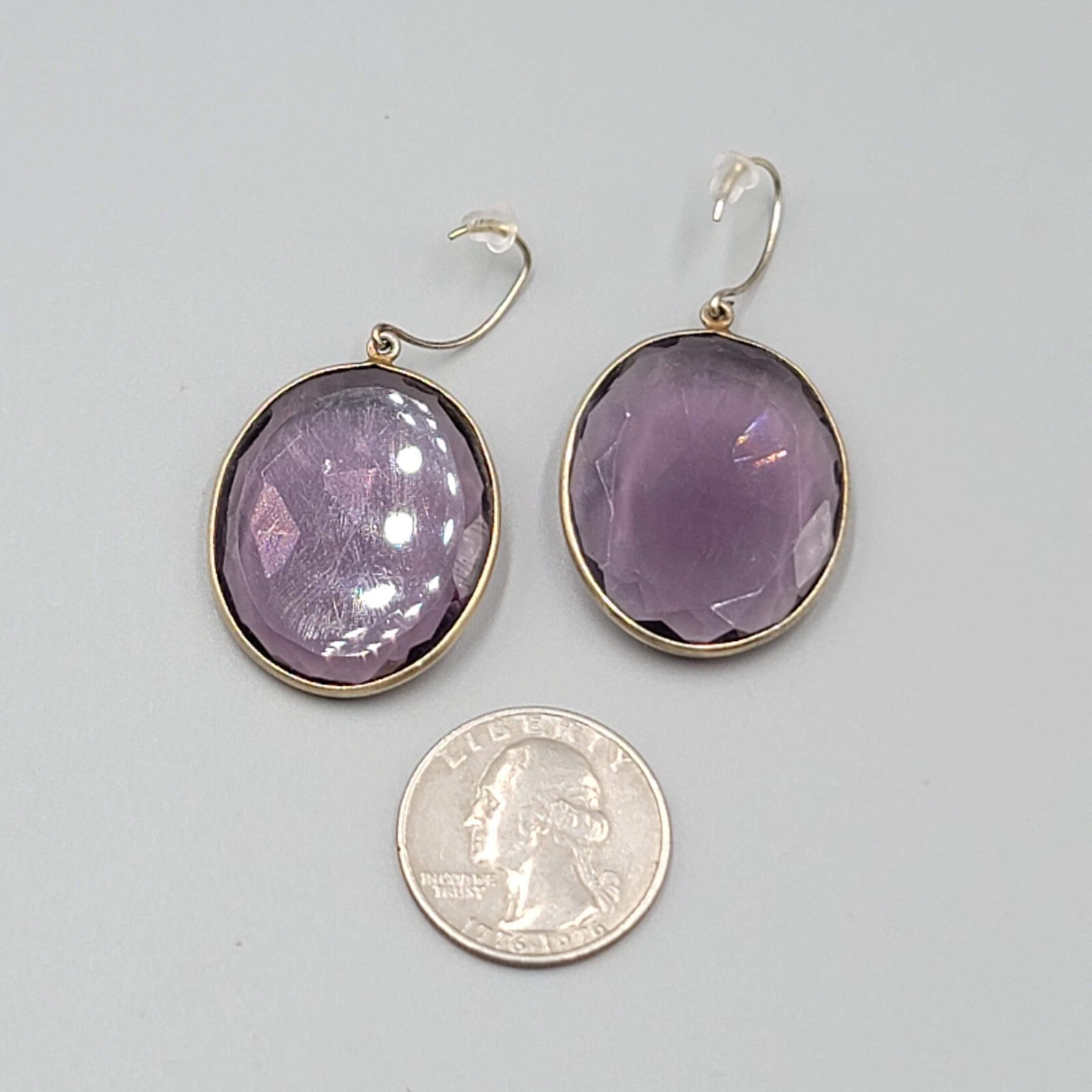 Pierced Earrings Gold tone Large Purple Faceted Glass Oval Dangle 1 3/8"