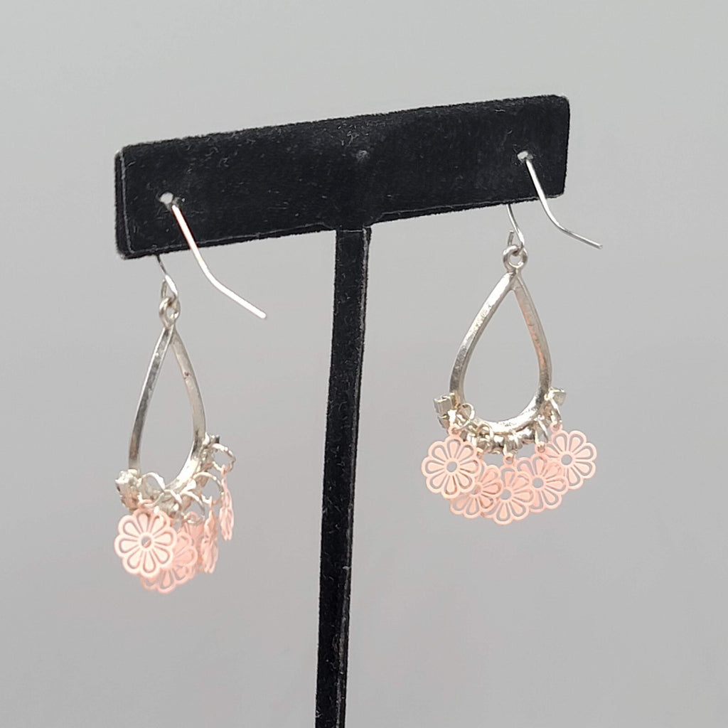 Pink Flowers Pierced Earrings Silver tone Teardrop Rhinestone Dangle 1 3/8"