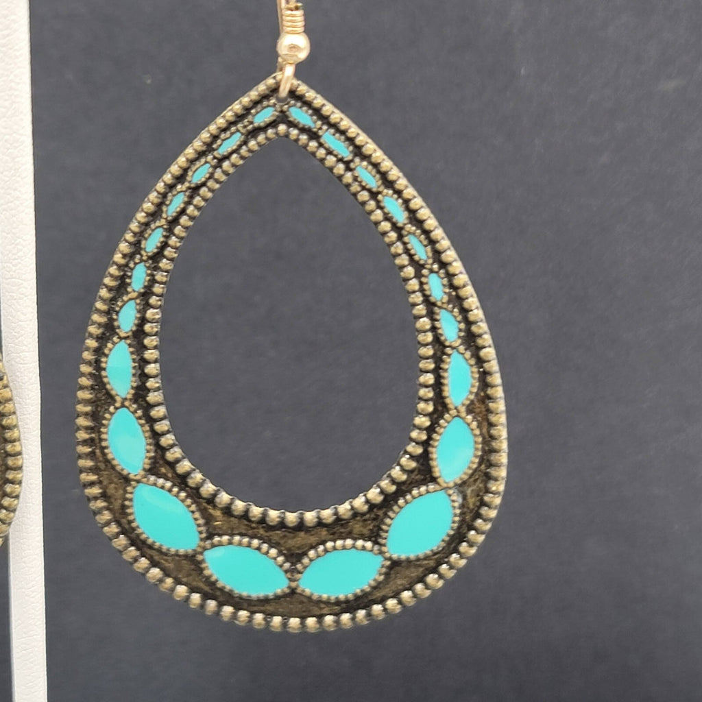 Pierced Earrings Bronze tone Blue Enamel Teardrop Hoops Large Dangle 2.75"