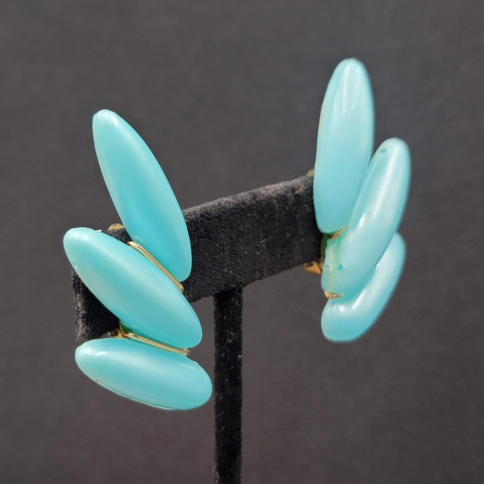 Vintage Clip on Earrings Lightweight Plastic Blue Climber W Germany 1 7/8"