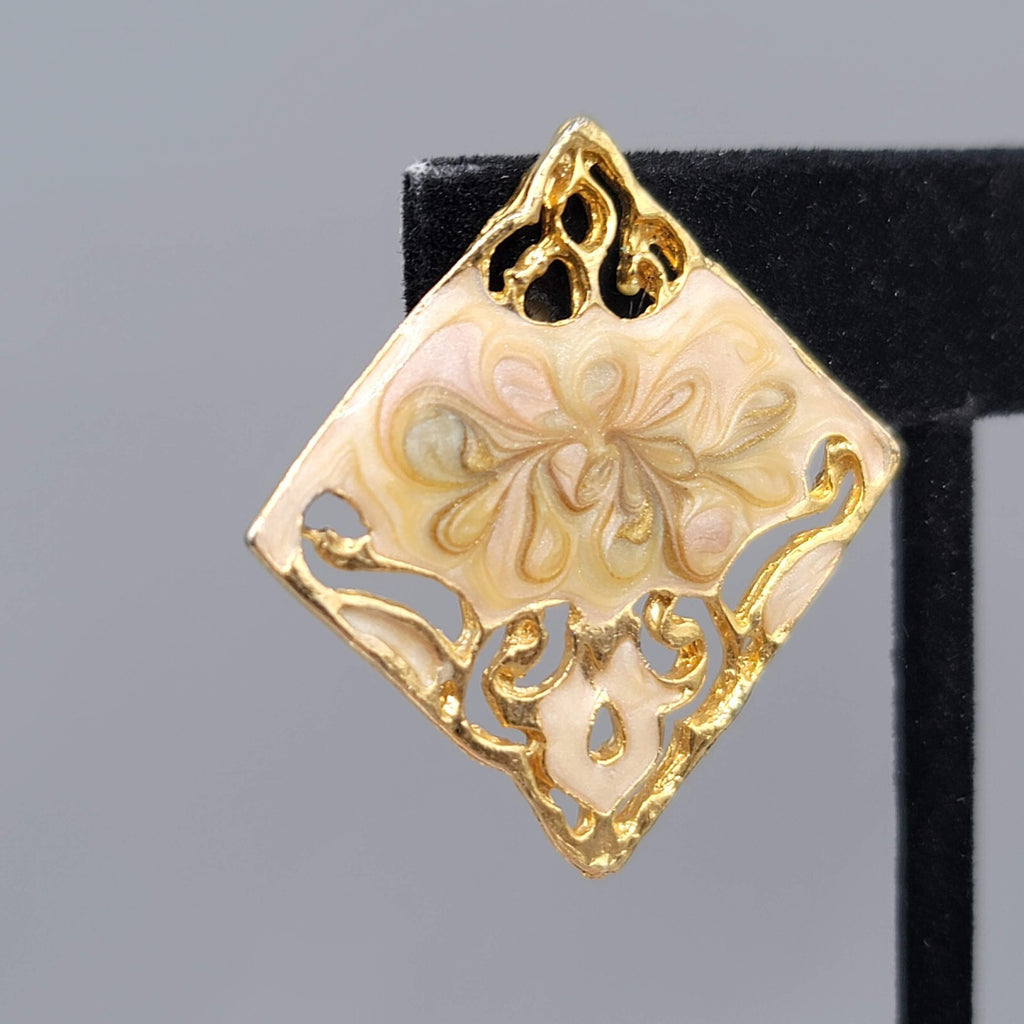 Vintage Swirl Cream Enamel Clip on Earrings Square Drop 1 3/8"