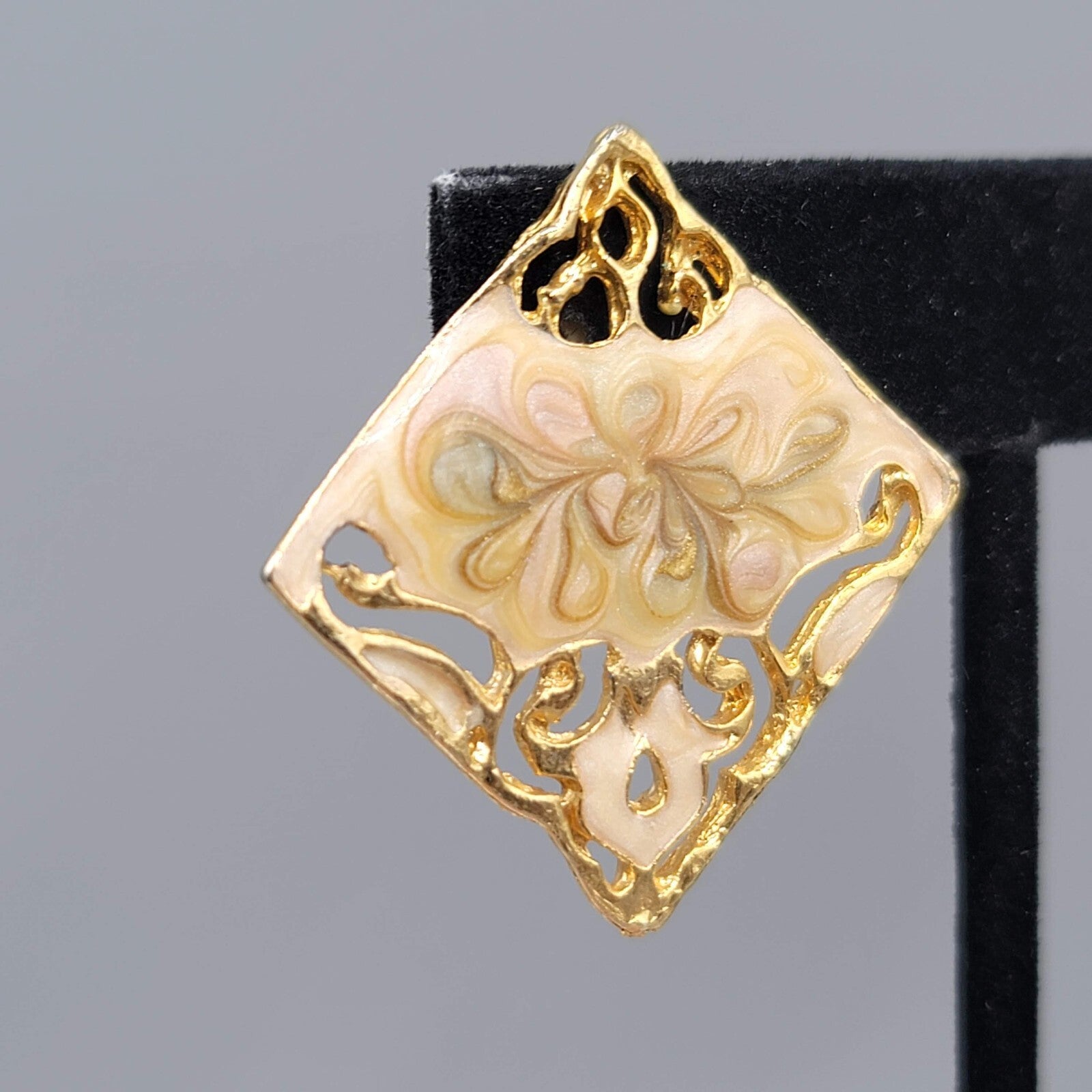 Vintage Swirl Cream Enamel Clip on Earrings Square Drop 1 3/8"