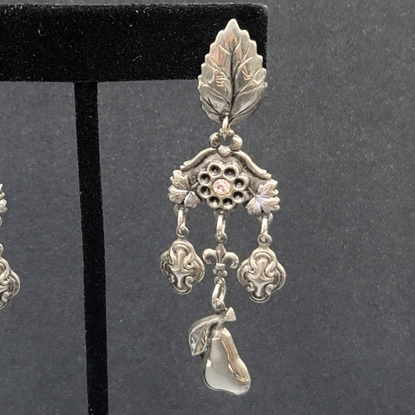 Vintage Pierced Earrings Silver tone Fruit Flowers Leaves Rhinestone 3"