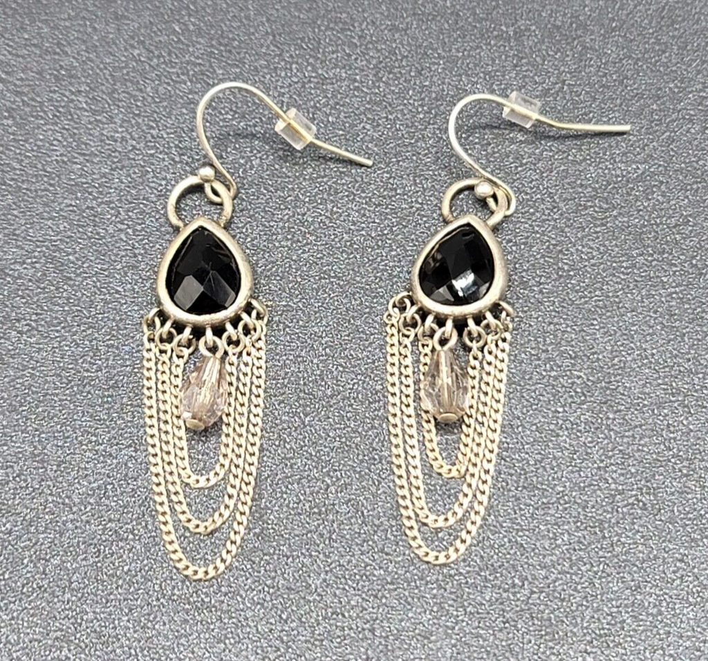 Pierced Earrings Silver tone Black Faceted Teardrop Chains  1.75"