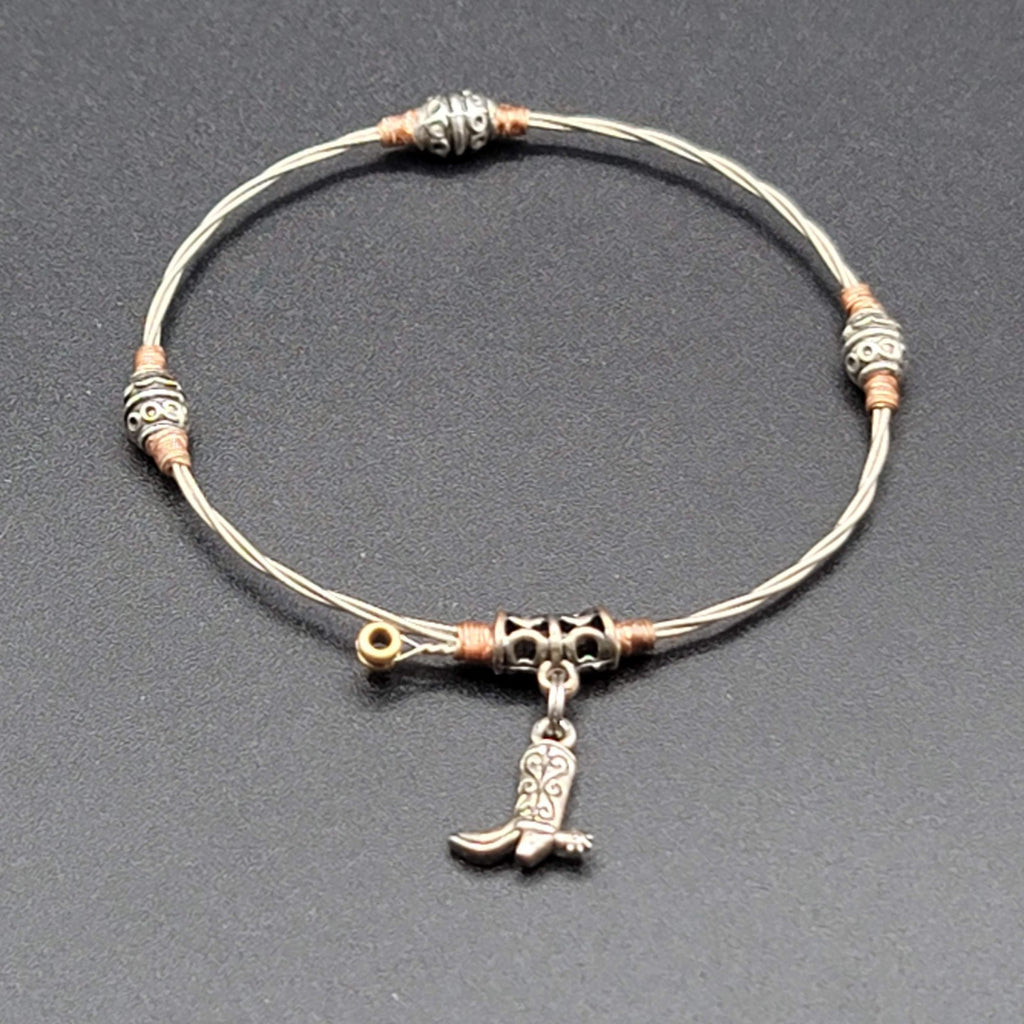 Guitar String Bangle Bracelet Cowboy Boot Charm Silver tone