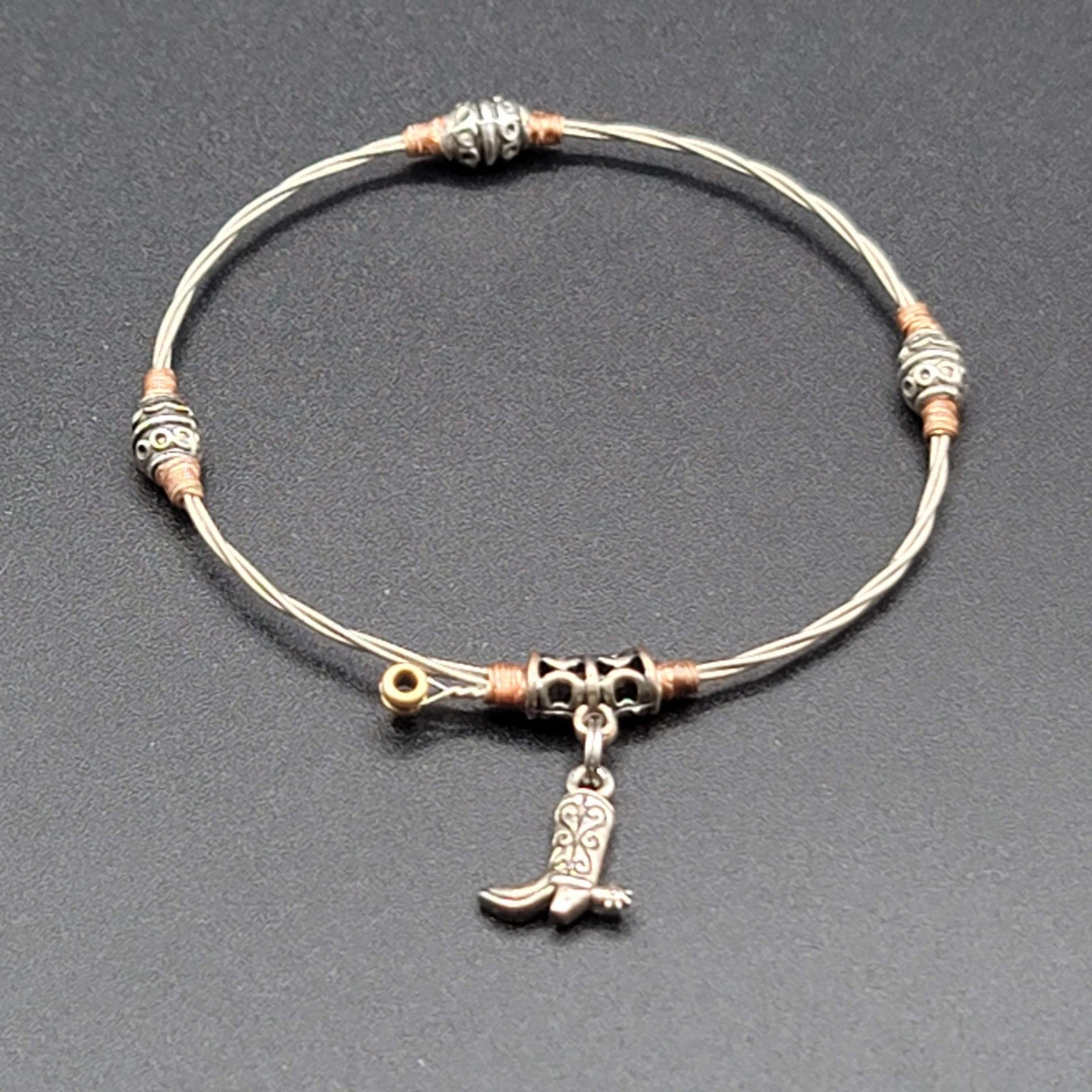 Guitar String Bangle Bracelet Cowboy Boot Charm Silver tone