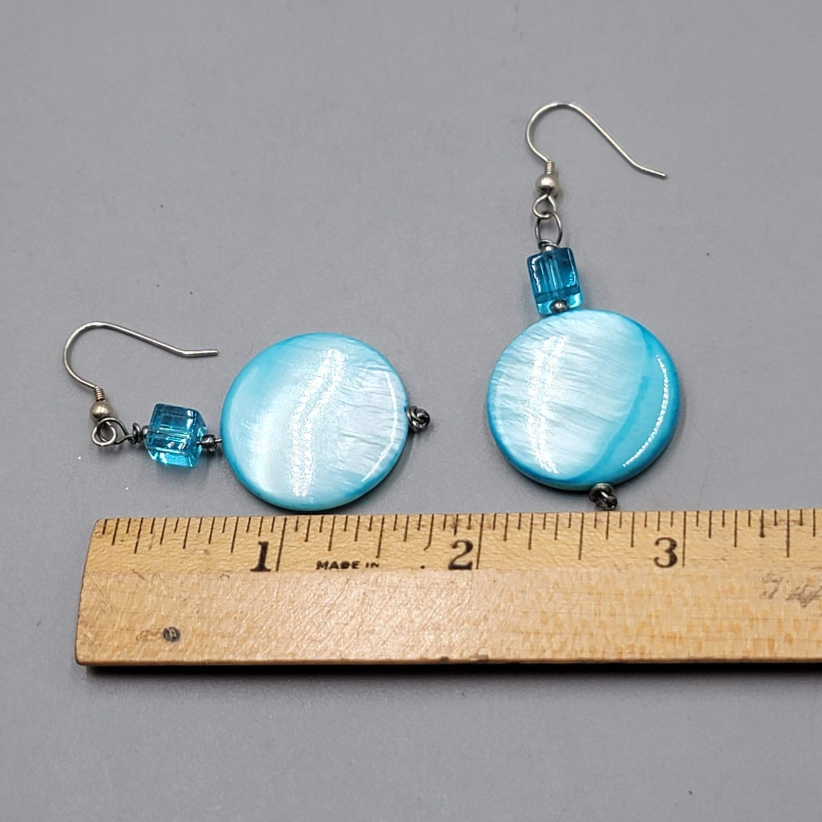 Blue Shell Crystal Bead Pierced Earrings Silver tone Dangle 1.75 in