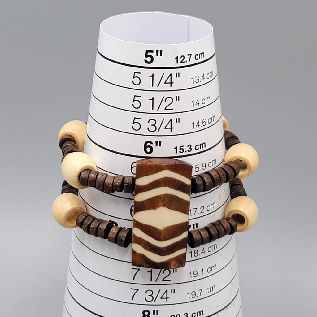 Boho Tribal Wood Bead Bracelet Elastic Stretch Double Strand 7"