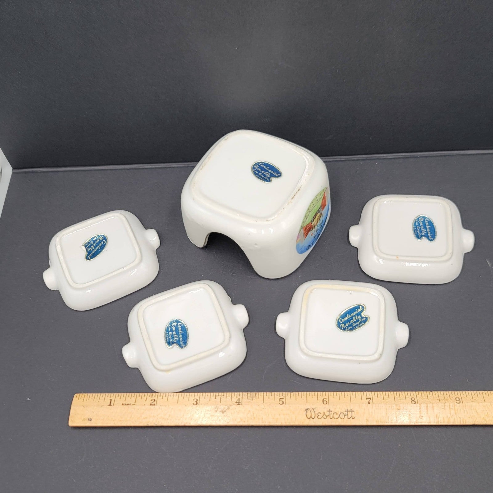 Vtg Marineland Ceramic Souvenir Ashtray Set w Holder