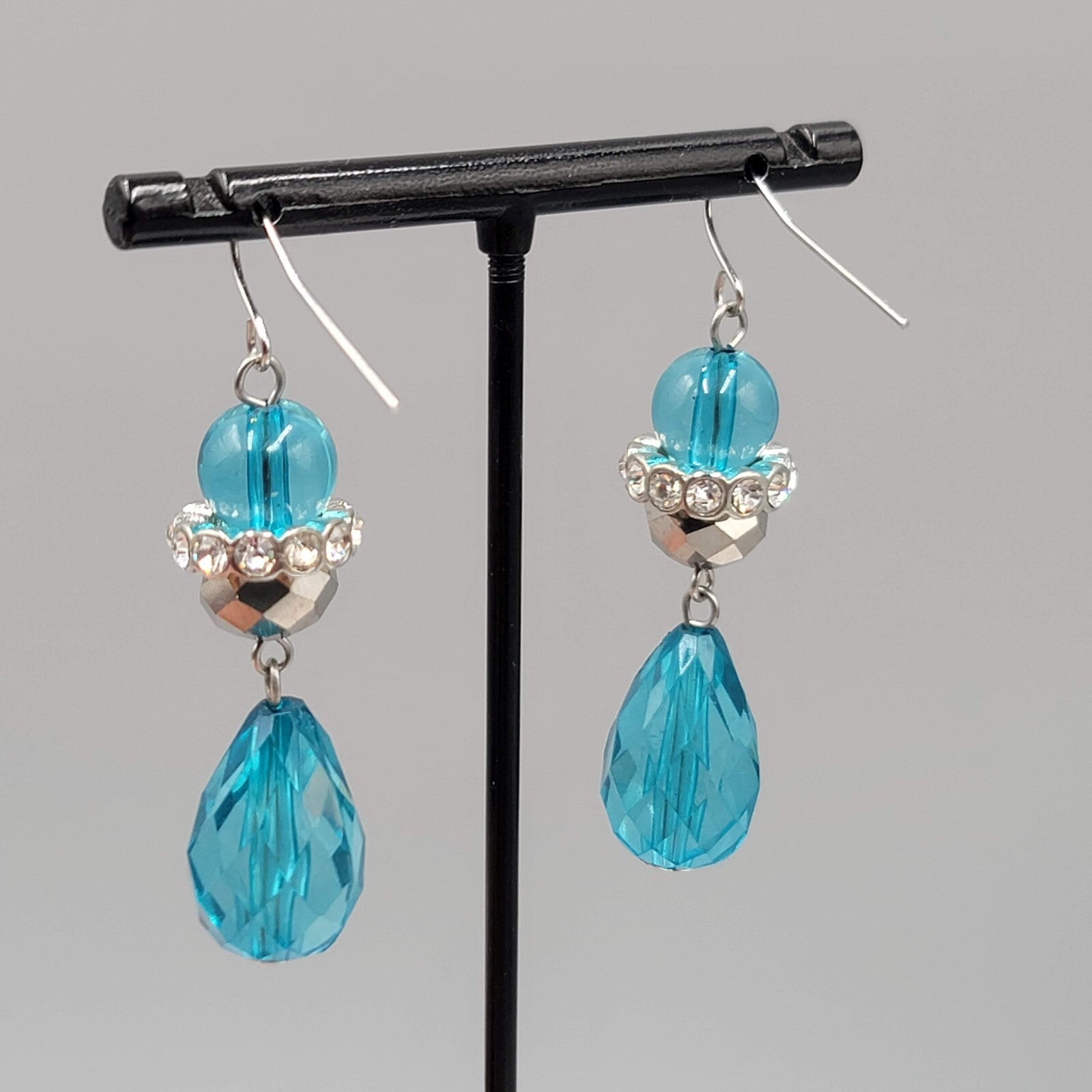 Pierced Earrings Silver tone Rhinestones Blue Faceted Acrylic Teardrop 1.75"