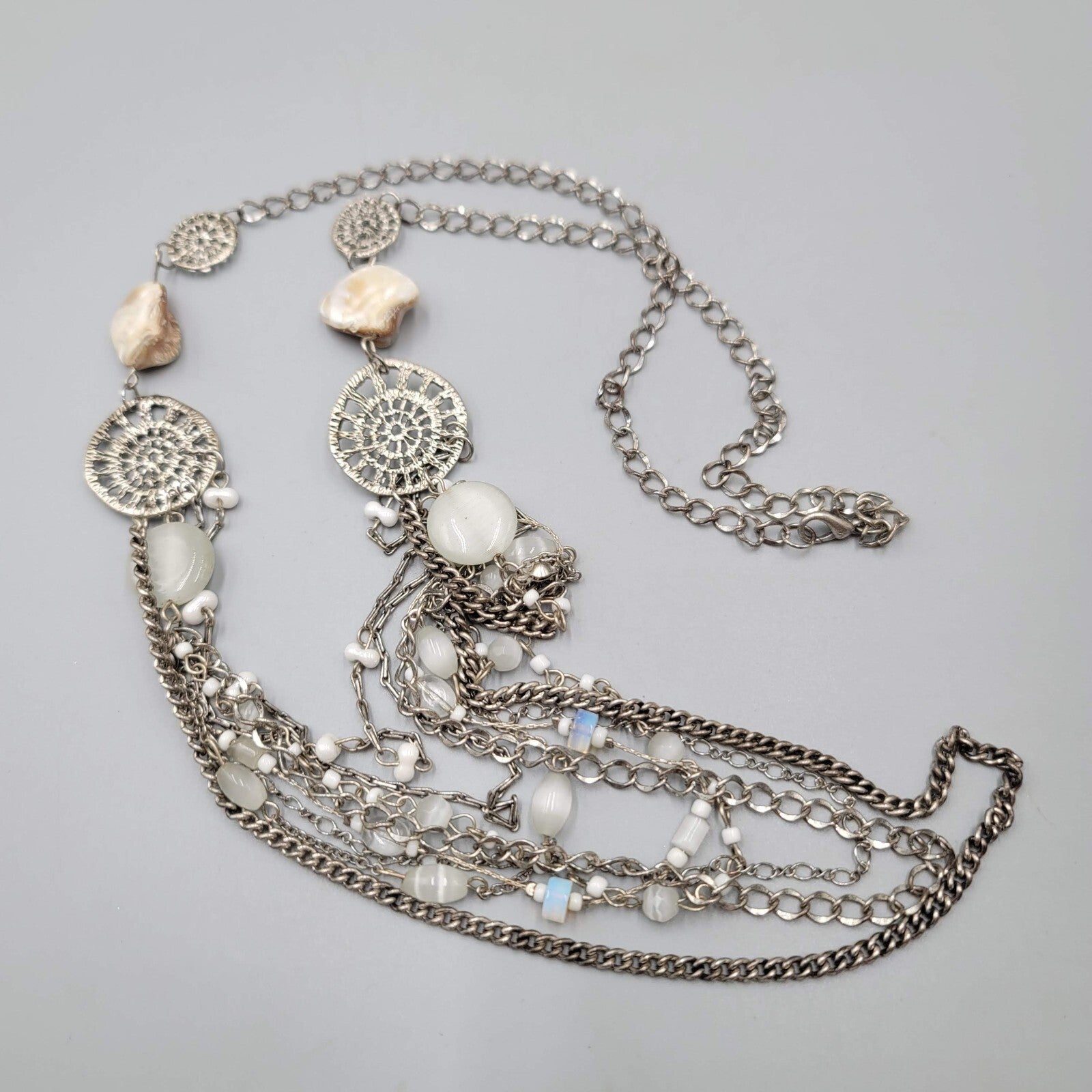 Multi Chain Necklace Silver tone White Cats Eye Bead 28"