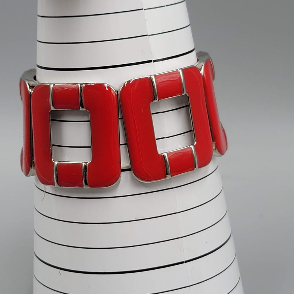 Chunky Link Bracelet Silver Tone Geometric Modern Statement Wide Elastic Enamel
