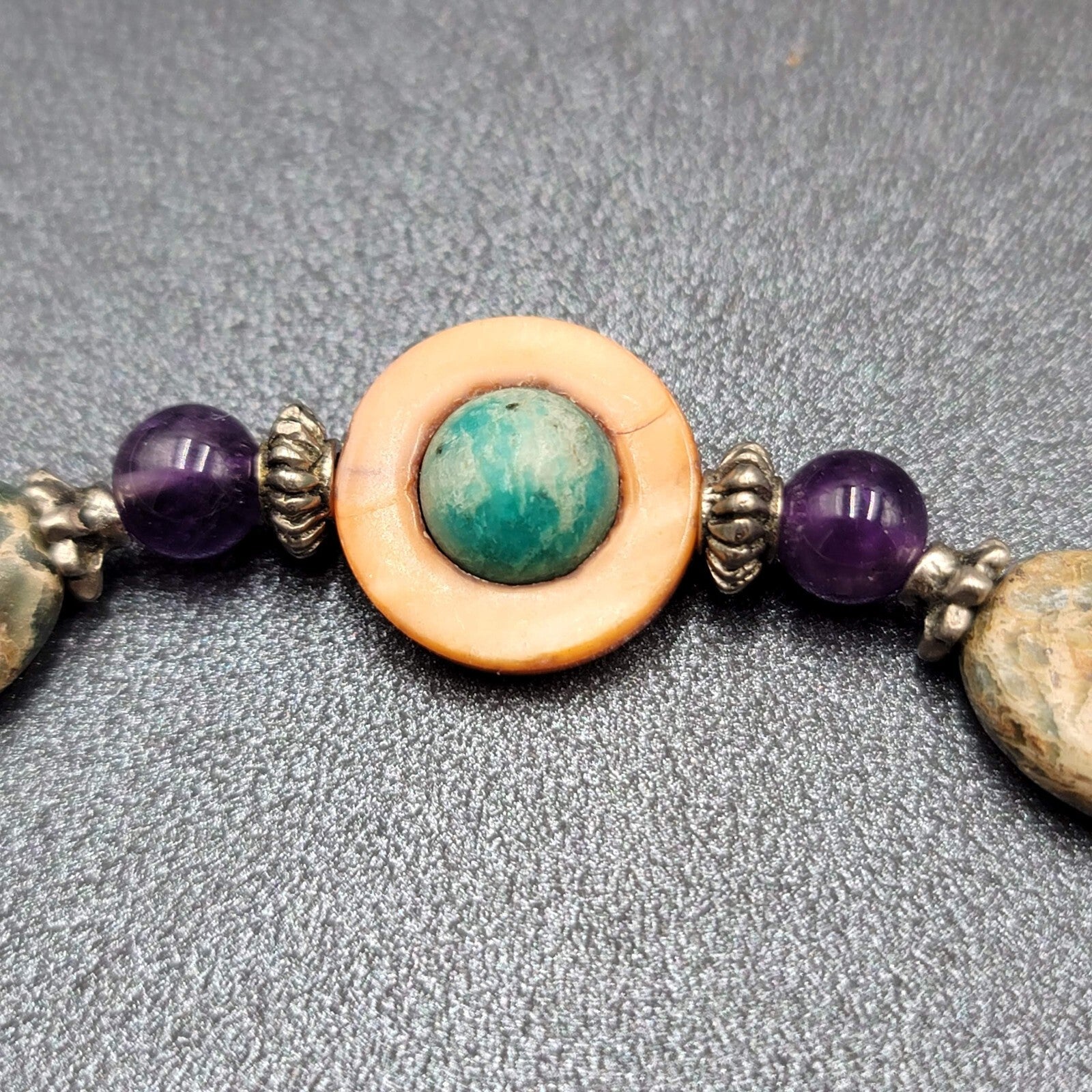 Multi Gemstone Beaded Bracelet Jasper Amethyst Shell Elastic 8.5"