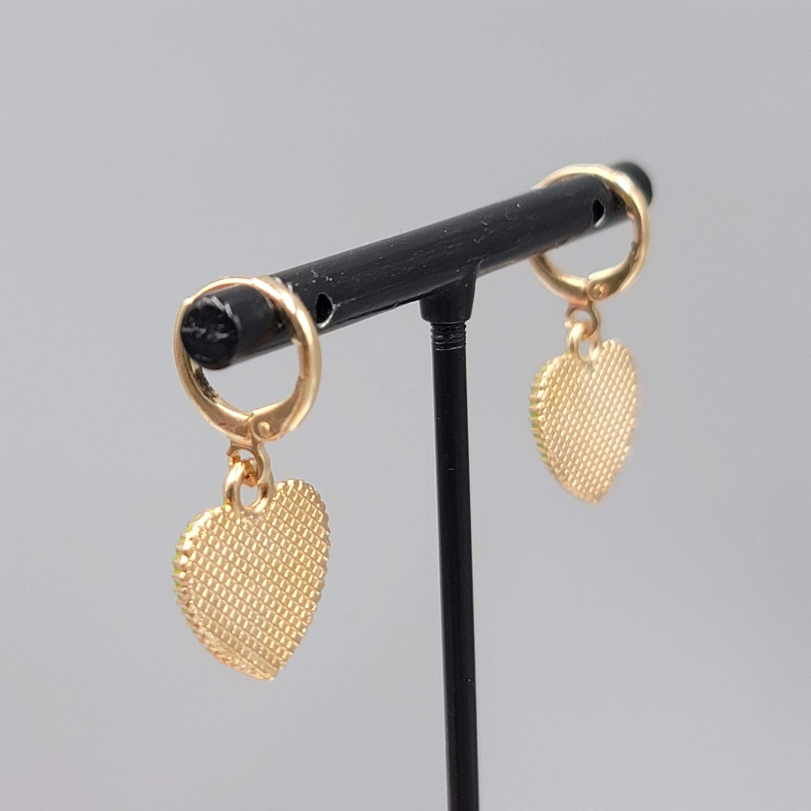 Green Enamel Heart Pierced Earrings Gold tone Huggie Hoops Dangle 5/8"