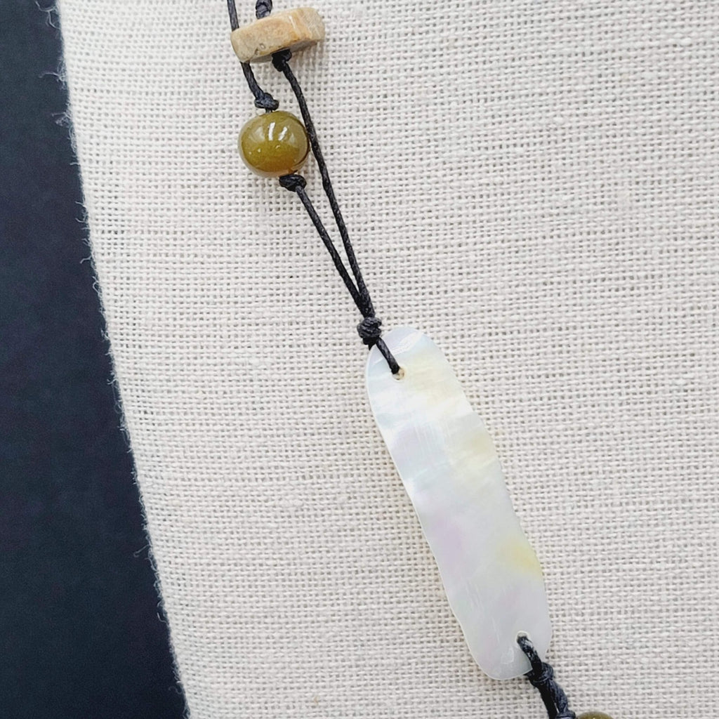 Necklace Glass Bead Shell Gemstone Bead on Black Cord 21"