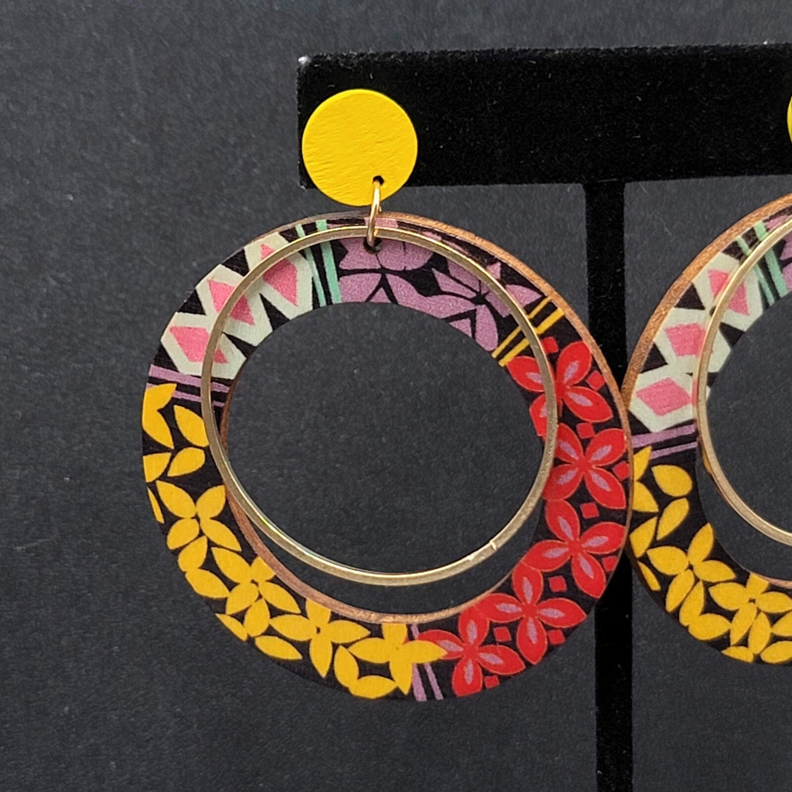 Pierced Earrings Multicolor Yellow Gold tone Wood Hoops Statement 2 3/8"