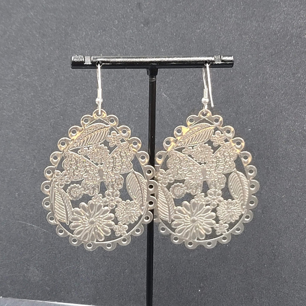 Pierced Earrings Large Silver tone Teardrop Butterfly Flowers Dangle 2.25"