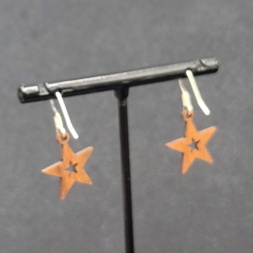 Star Pierced Earrings Wood Dangle 3/4"