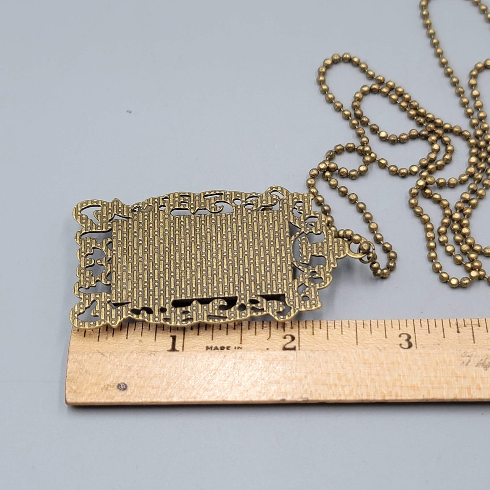 Vintage Floral Glass Framed Pendant Necklace 30" Ball Chain Bronze tone
