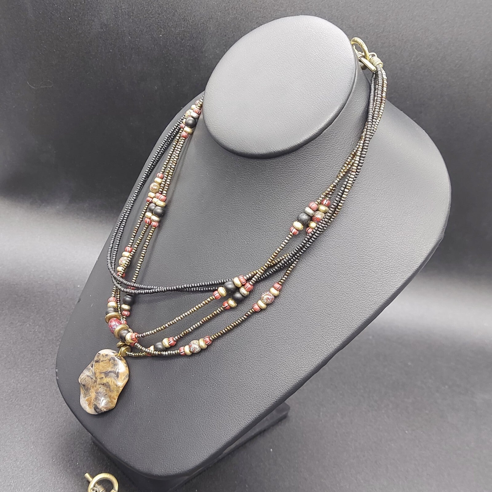 Necklace Bracelet Set Multi Strand Seed Bead Acorn Charms Stone Pendant