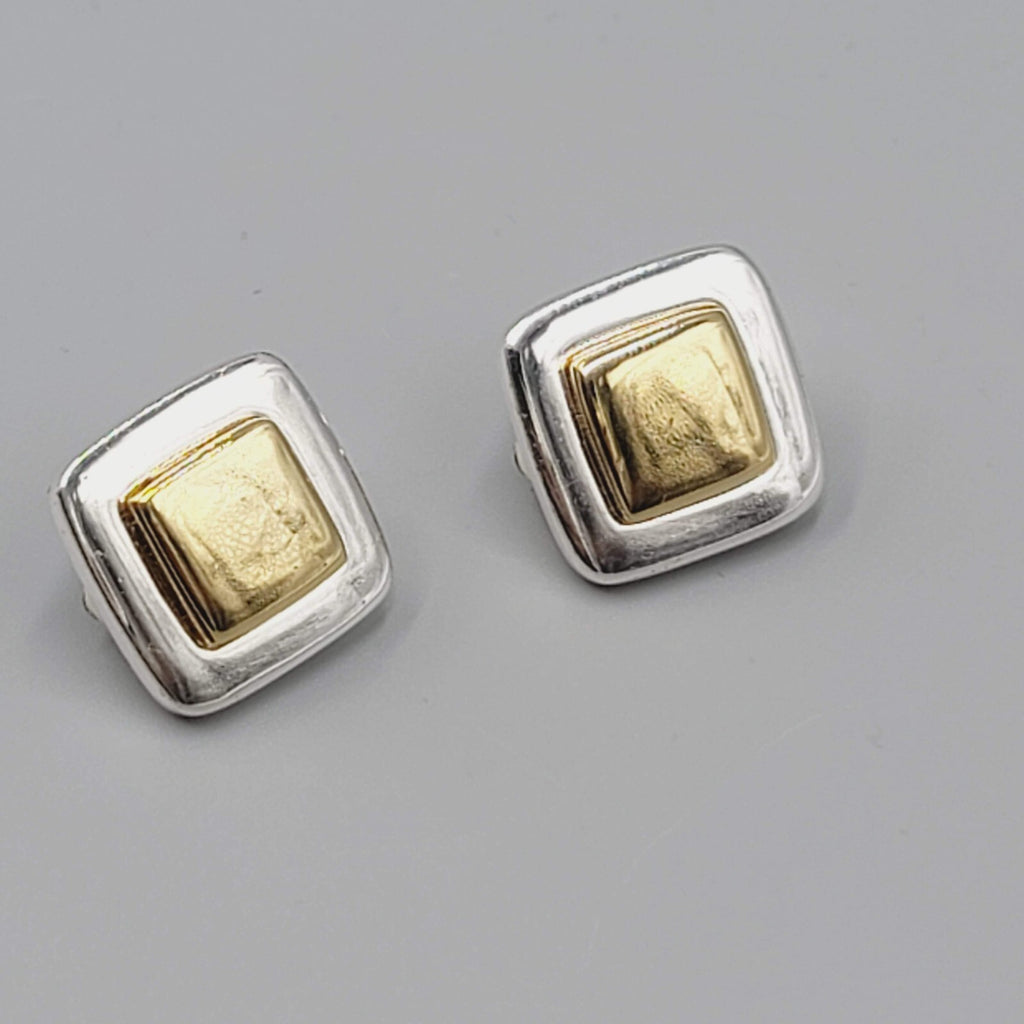 Vintage Two Toned Clip on Earrings Gold and Silver Square Studs 5/8"