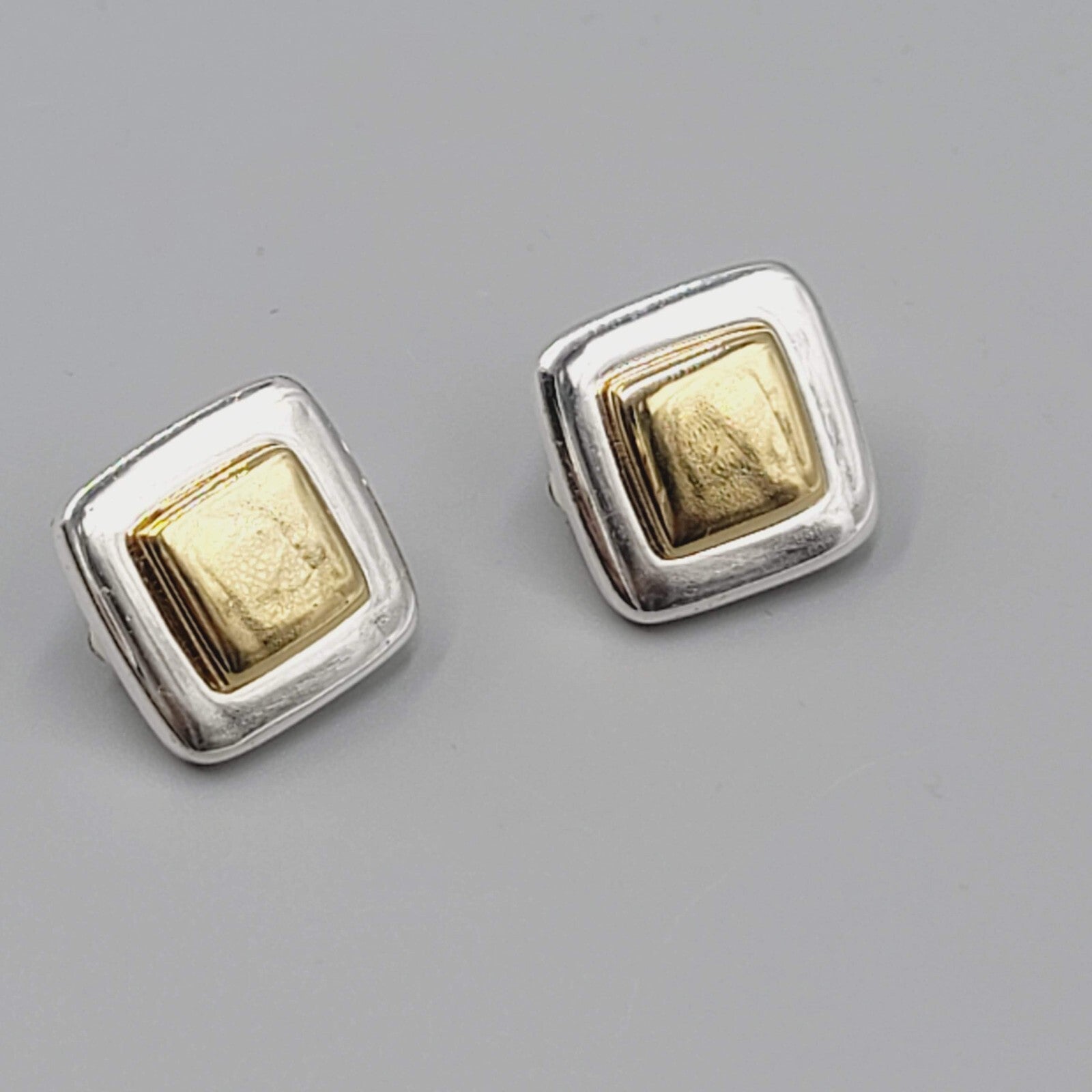 Vintage Two Toned Clip on Earrings Gold and Silver Square Studs 5/8"
