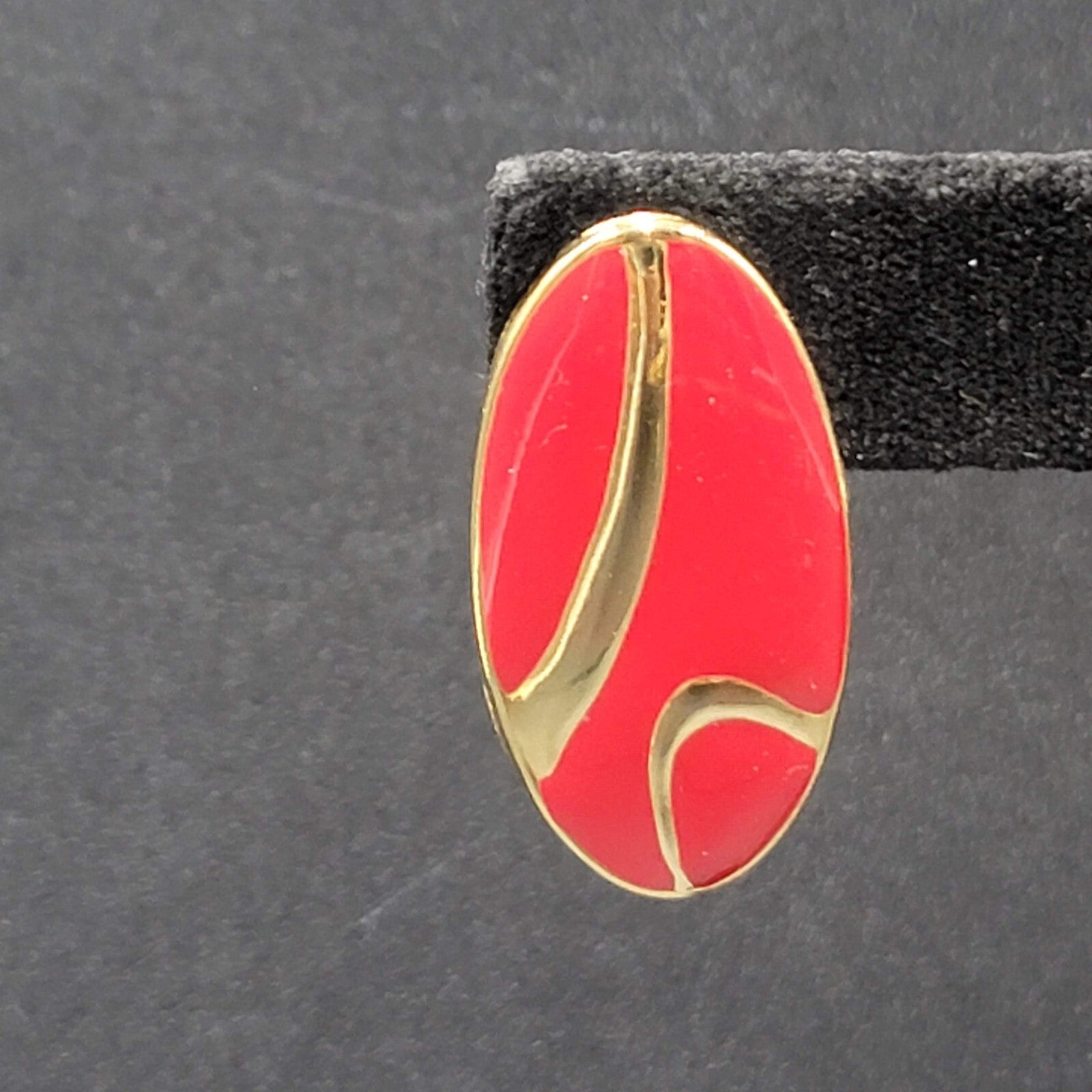 Vintage Pierced Earrings Gold tone Red Enamel Oval Drop 1.25"