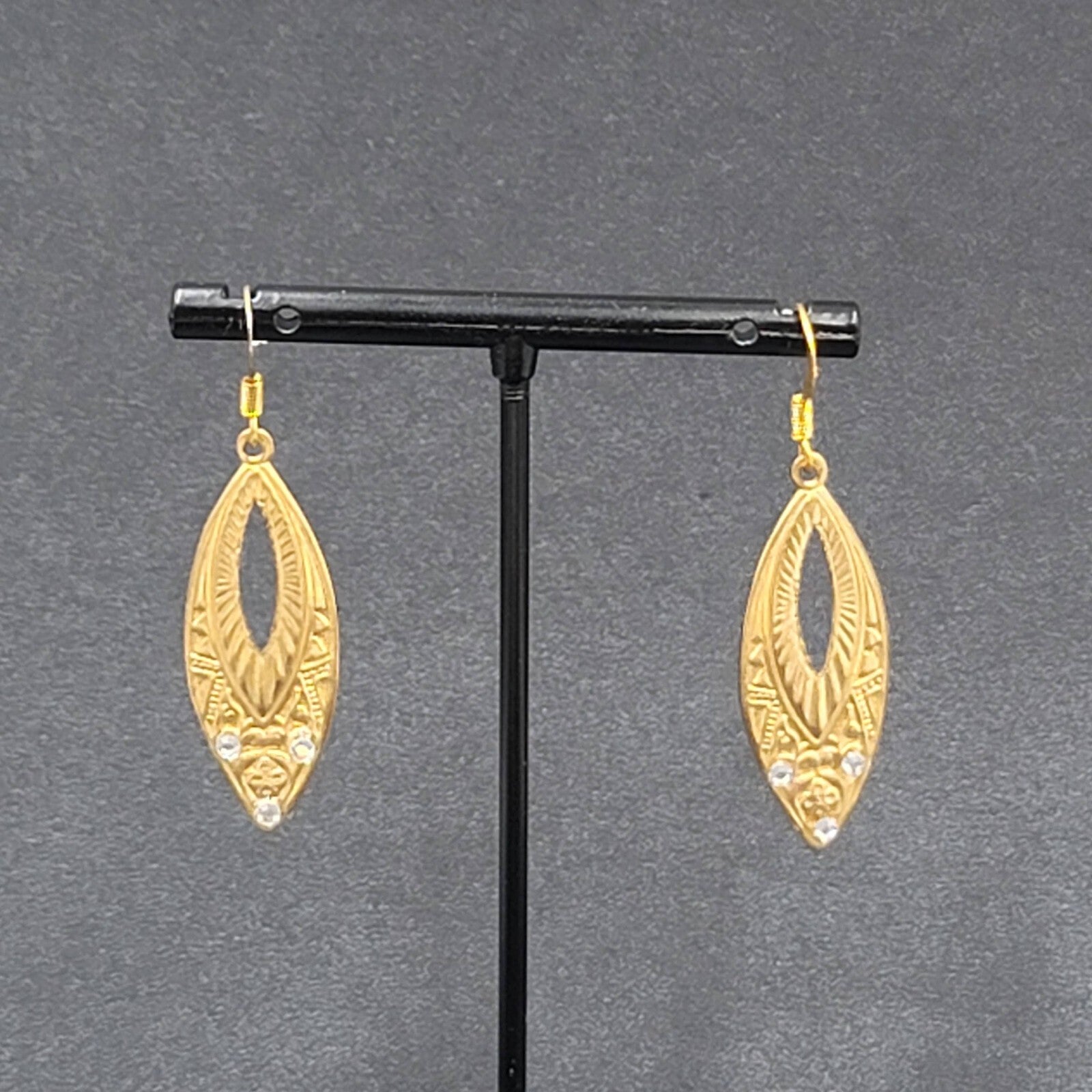 Pierced Earrings Gold tone Rhinestone Dangle 1.5"