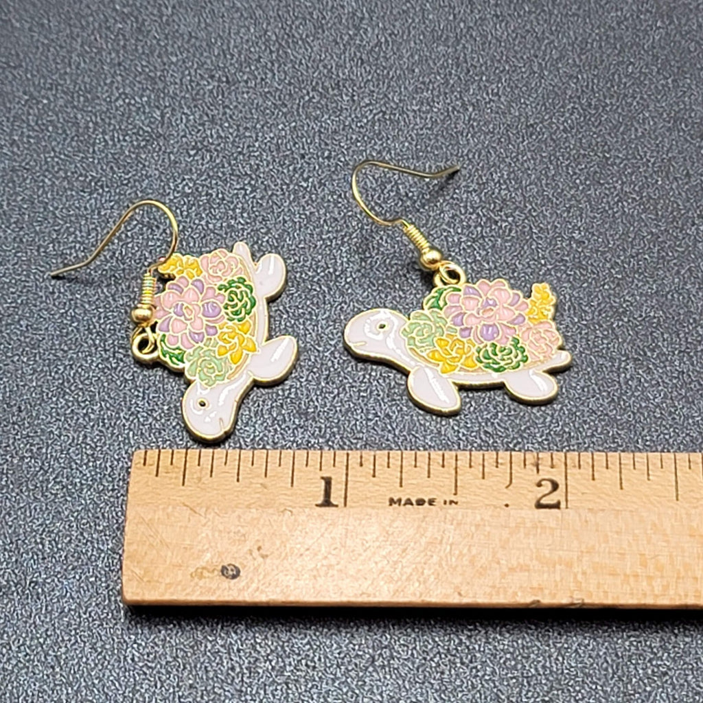Turtle Pierced Earrings Gold tone Enamel Flowers Dangle 3/4"