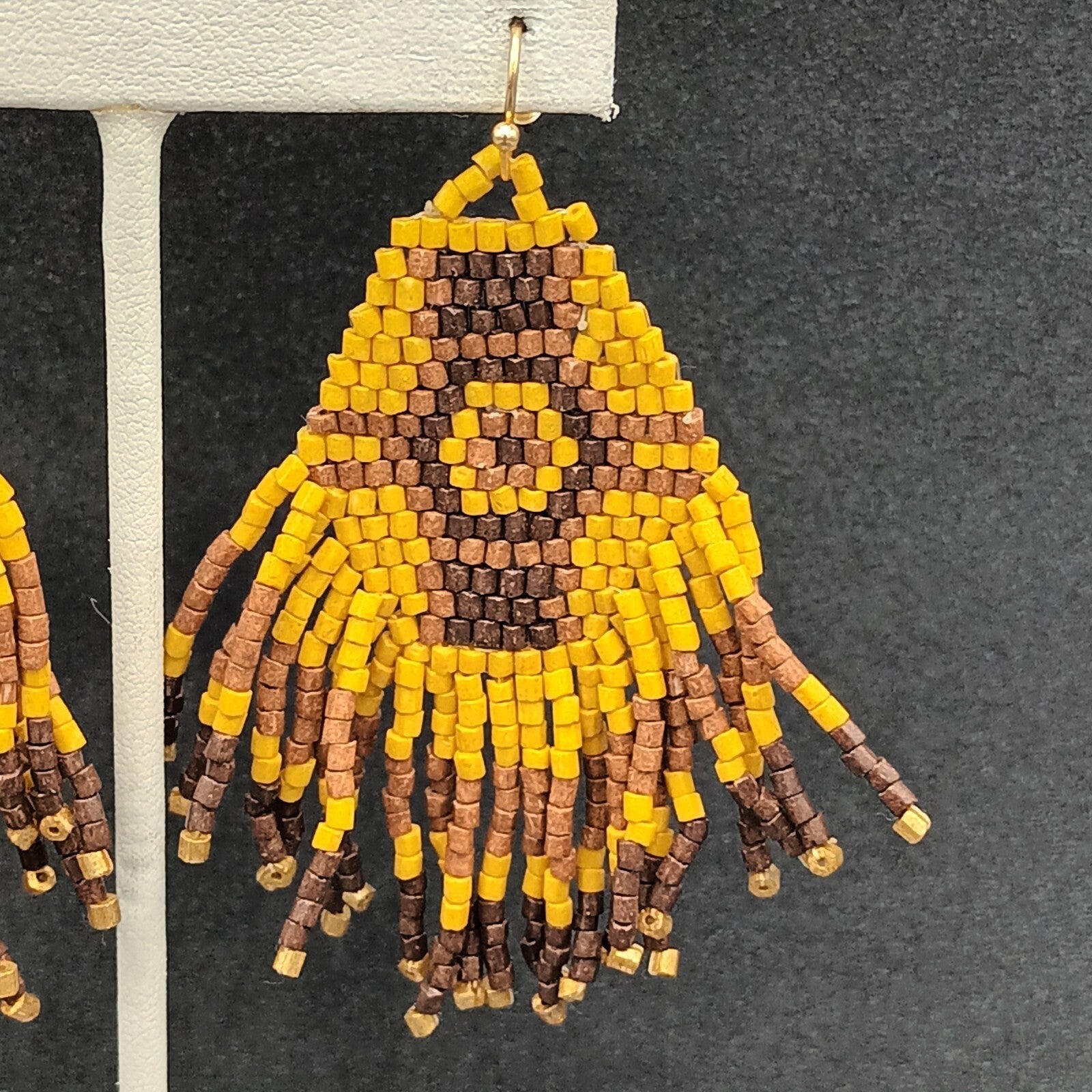 Pierced Earrings Wood Bead Weaved Browns Gold tone Dangle 2.75"