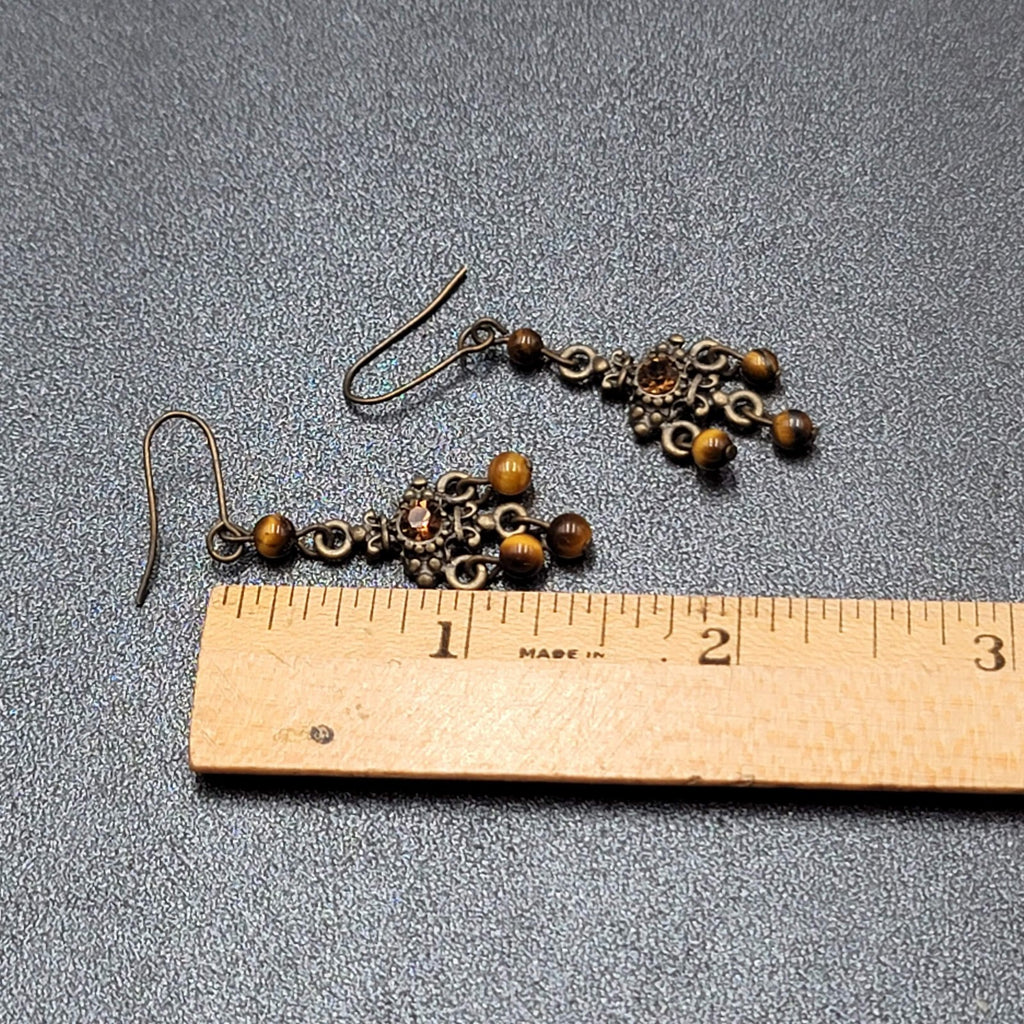 Pierced Earrings Bronze tone Tigers Eye Bead Orange Rhinestone Dangle 1.25"