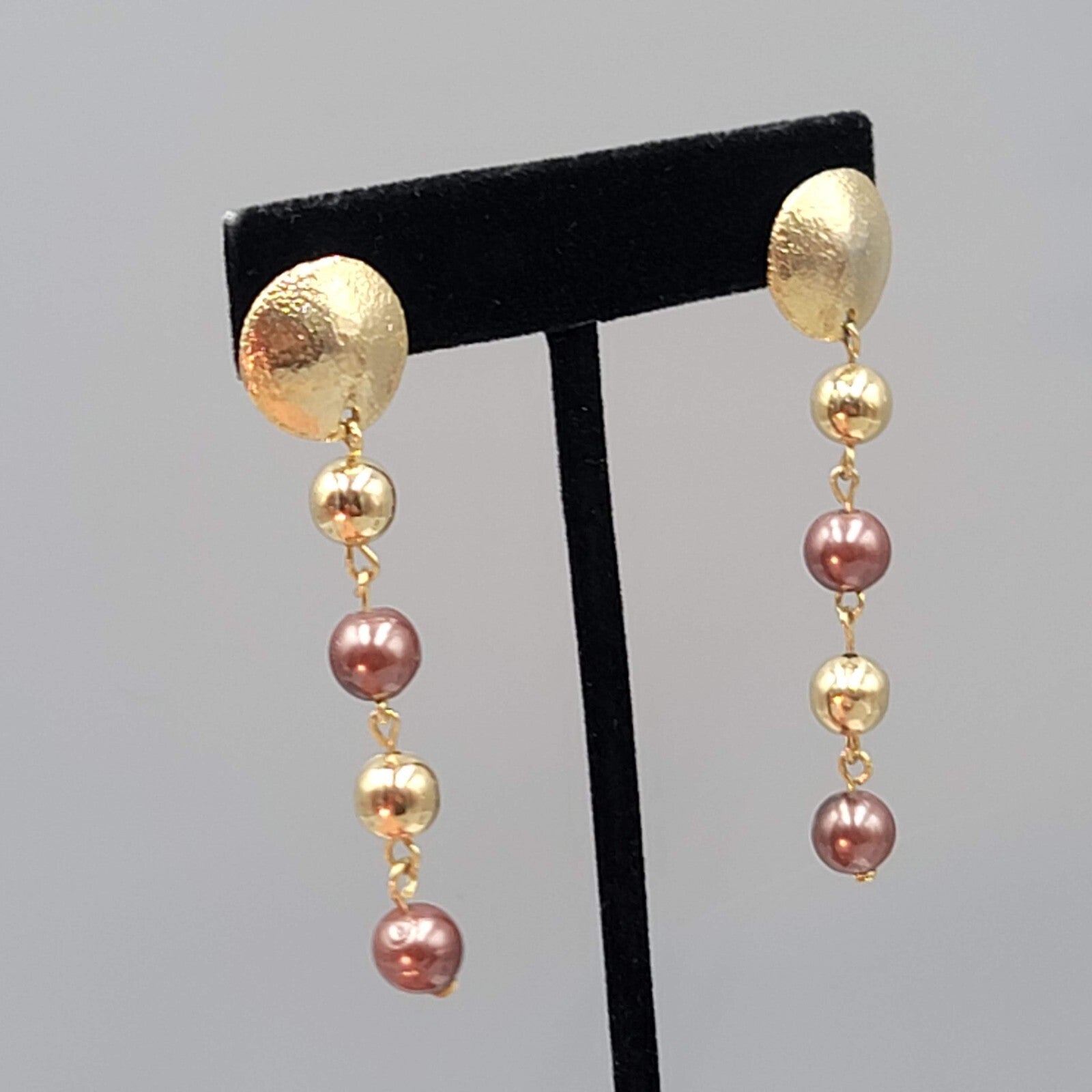 Pierced Earrings Gold Plated Bead Dangle 2.25"