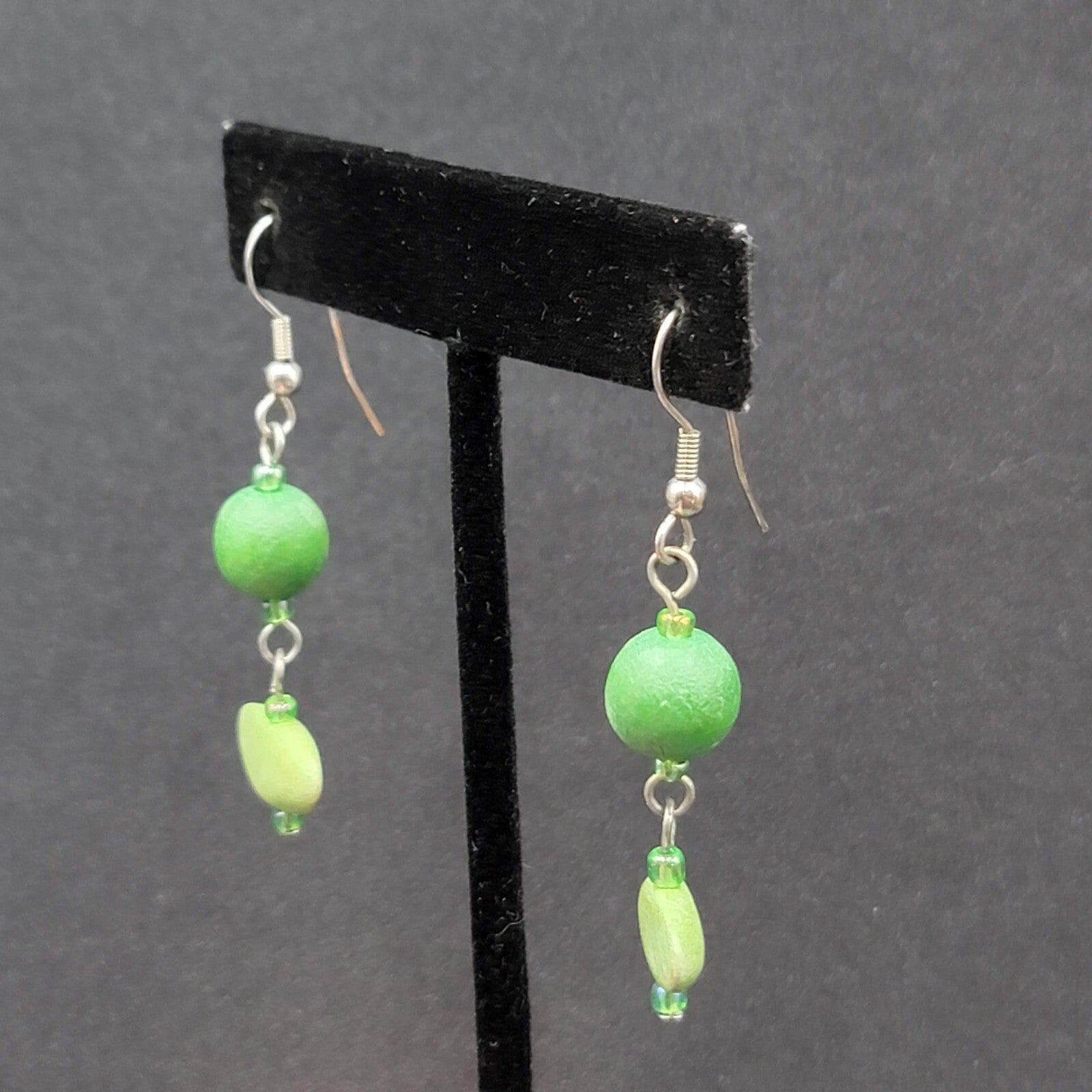 Pierced Earrings Silver tone Green Wood Bead Dangle 1.5"